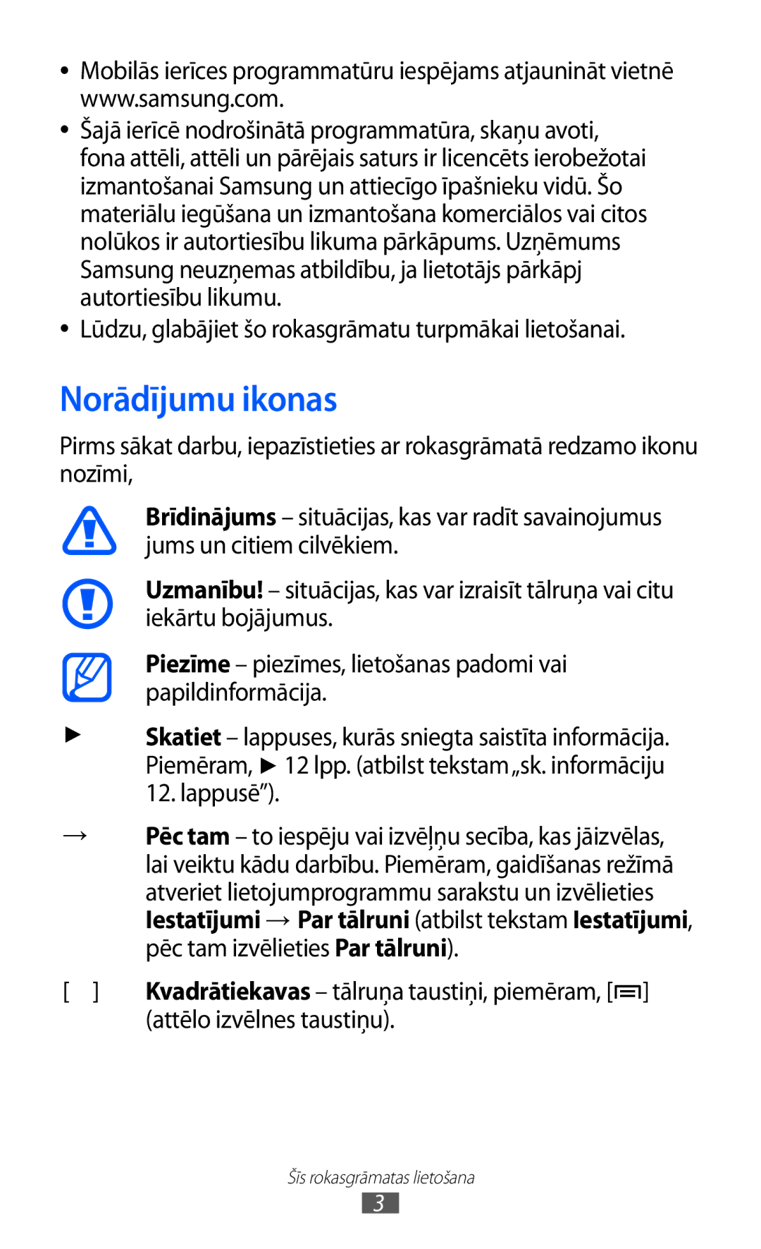 Samsung GT-B7510ISASEB Norādījumu ikonas, Lūdzu, glabājiet šo rokasgrāmatu turpmākai lietošanai, Attēlo izvēlnes taustiņu 