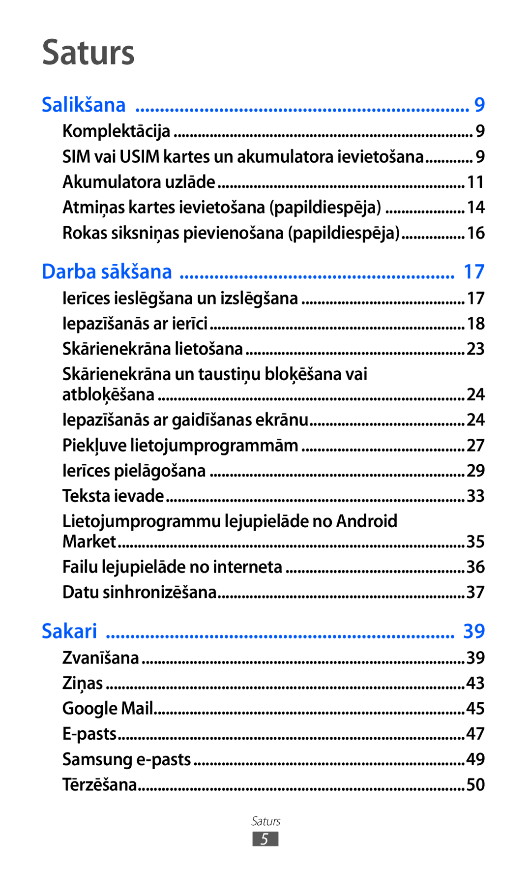 Samsung GT-B7510ISASEB manual Saturs, Skārienekrāna un taustiņu bloķēšana vai, Lietojumprogrammu lejupielāde no Android 