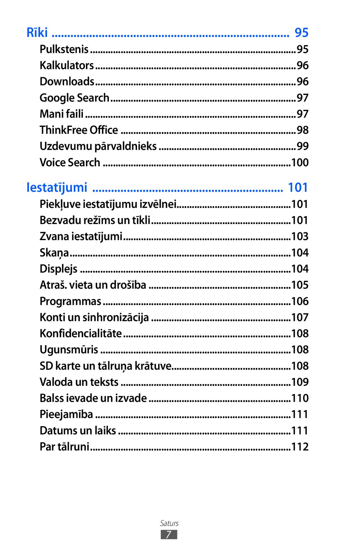 Samsung GT-B7510ISASEB manual 100, 101, 103, 104, 105, 106, 107, 108, 109, 110, 111, 112 