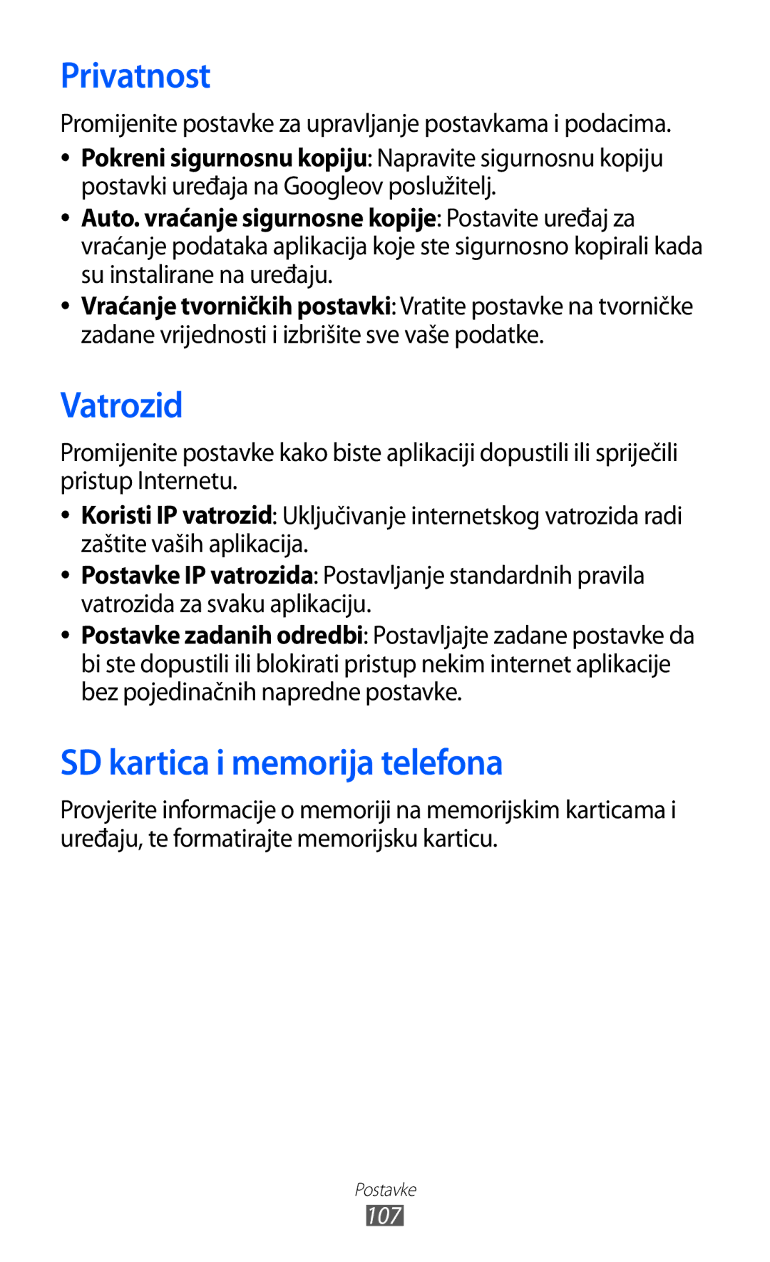 Samsung GT-B7510ISATWO manual Privatnost, Vatrozid, SD kartica i memorija telefona 