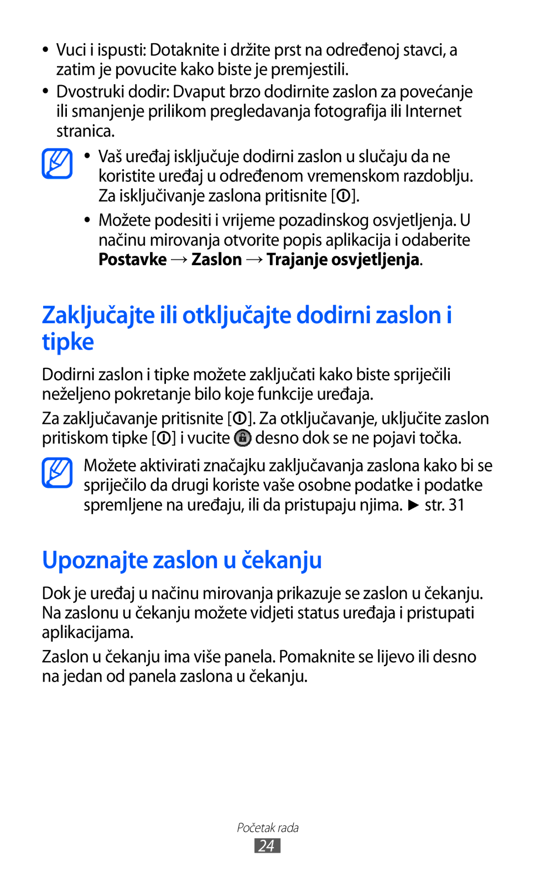 Samsung GT-B7510ISATWO manual Zaključajte ili otključajte dodirni zaslon i tipke, Upoznajte zaslon u čekanju 