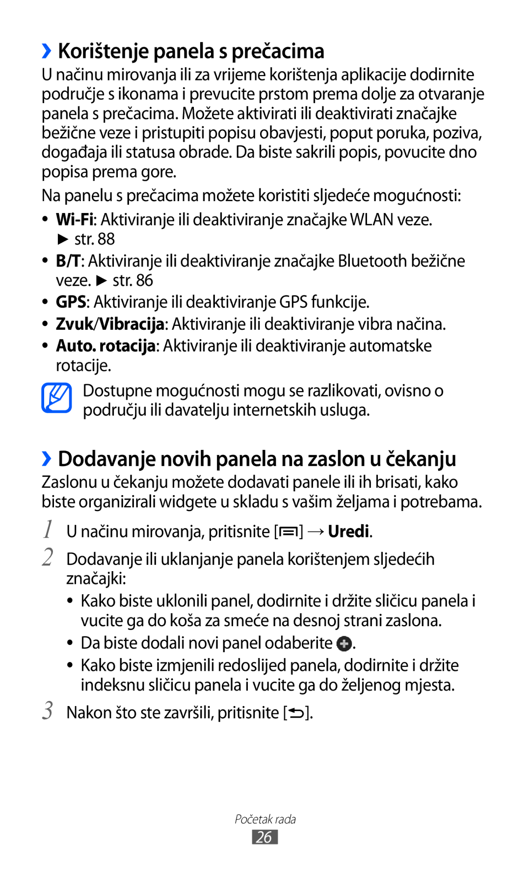 Samsung GT-B7510ISATWO manual ››Korištenje panela s prečacima, Da biste dodali novi panel odaberite 