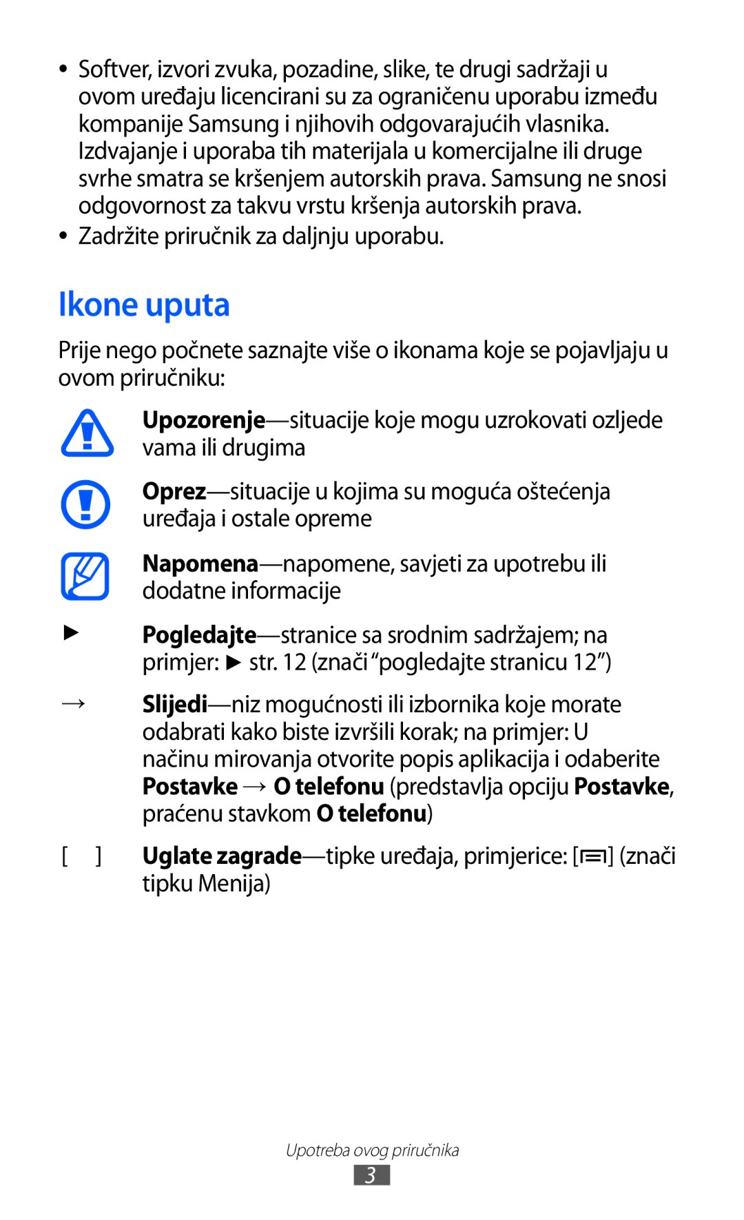 Samsung GT-B7510ISATWO manual Ikone uputa, Zadržite priručnik za daljnju uporabu, Tipku Menija 