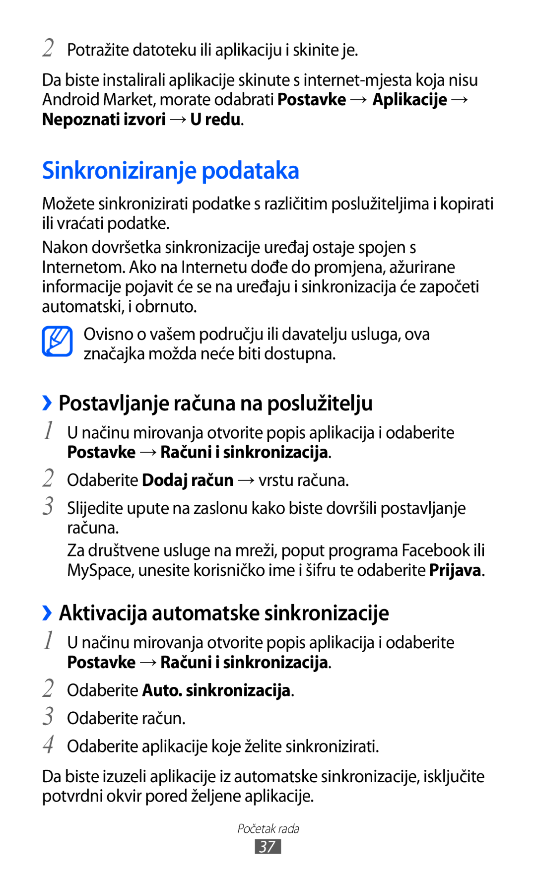 Samsung GT-B7510ISATWO manual Sinkroniziranje podataka, ››Postavljanje računa na poslužitelju, Nepoznati izvori → U redu 