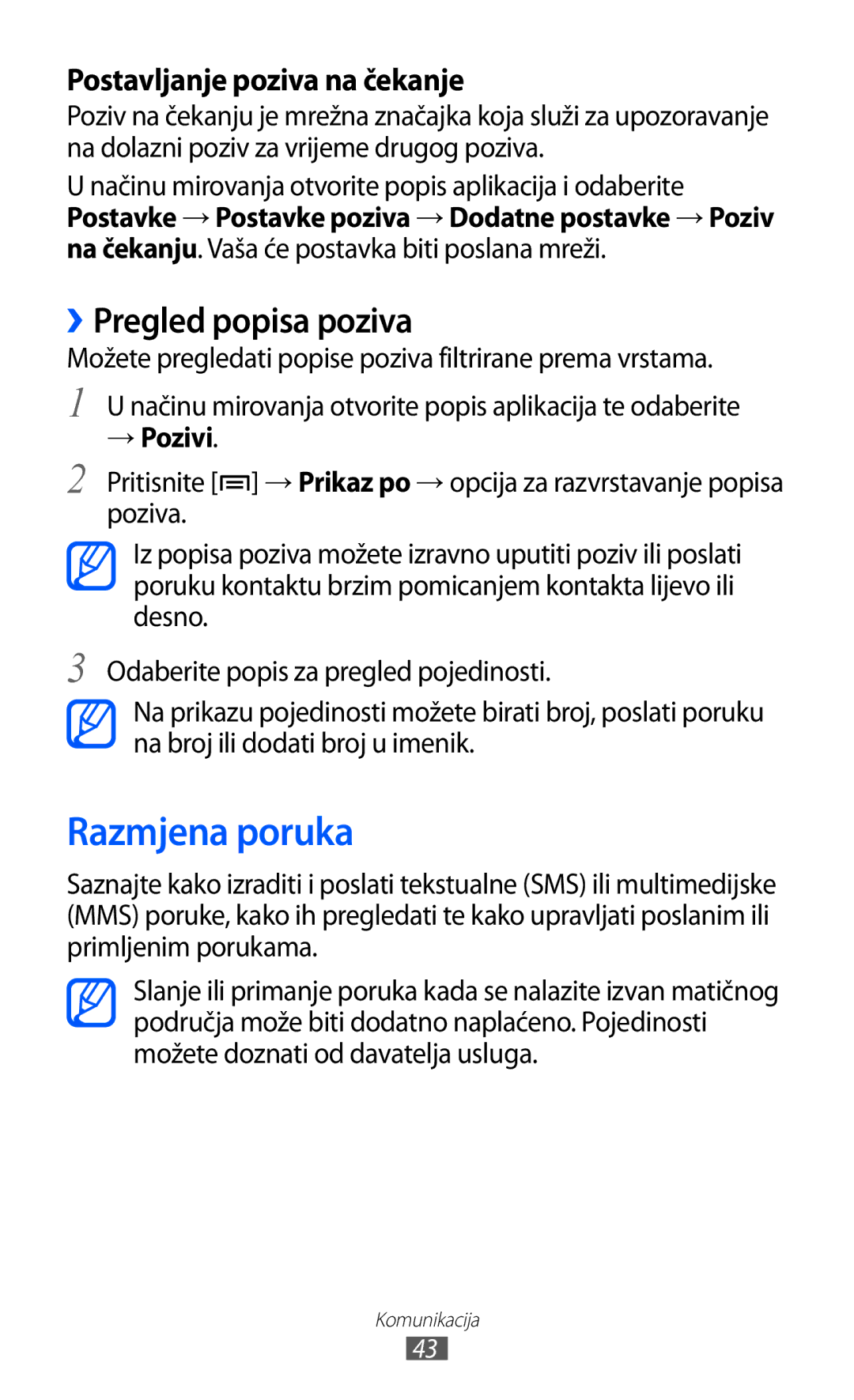 Samsung GT-B7510ISATWO manual Razmjena poruka, ››Pregled popisa poziva, → Pozivi 