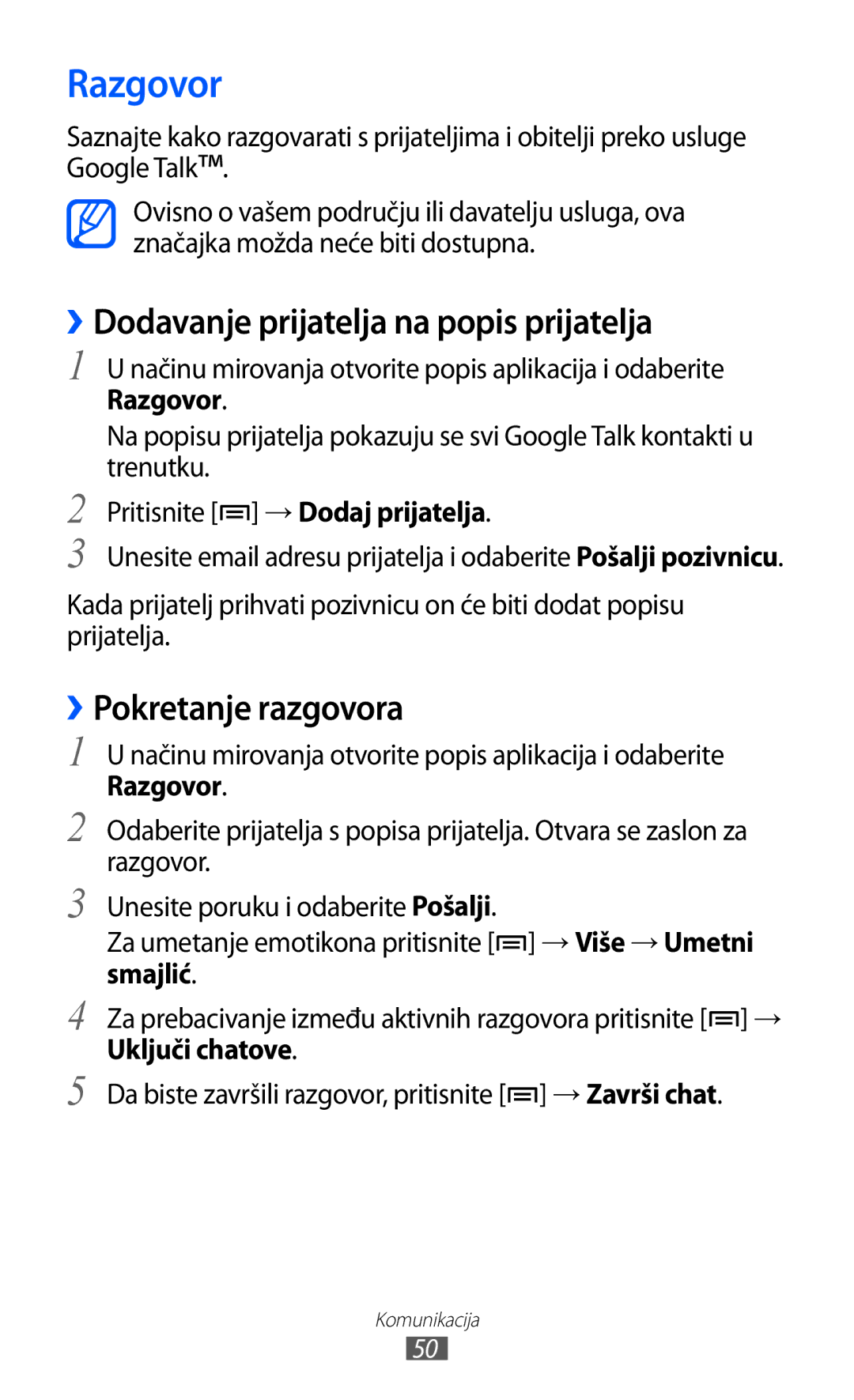 Samsung GT-B7510ISATWO manual Razgovor, ››Dodavanje prijatelja na popis prijatelja, ››Pokretanje razgovora 