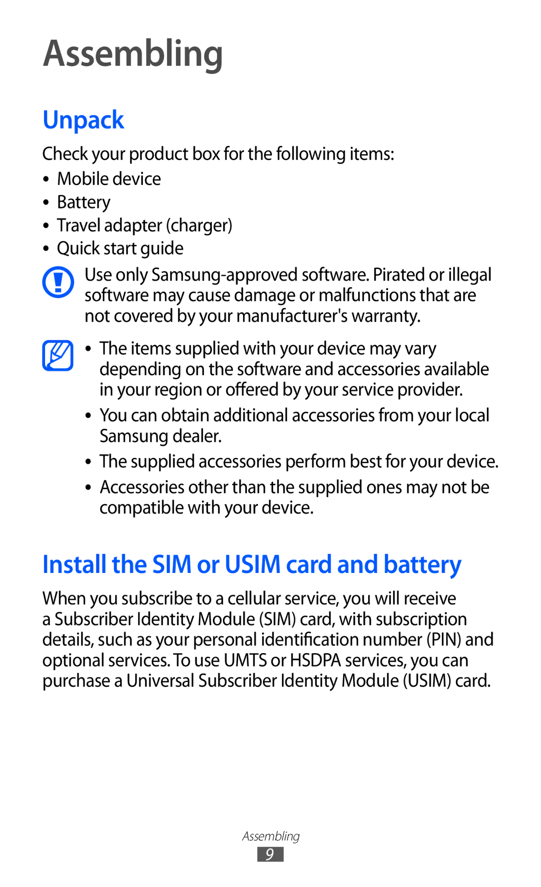 Samsung GT-B7510ISAATL, GT-B7510LKAXEF, GT-B7510ISAXEF, GT-B7510CWAXEF, GT-B7510ISAORC, GT-B7510ISANRJ manual Assembling, Unpack 