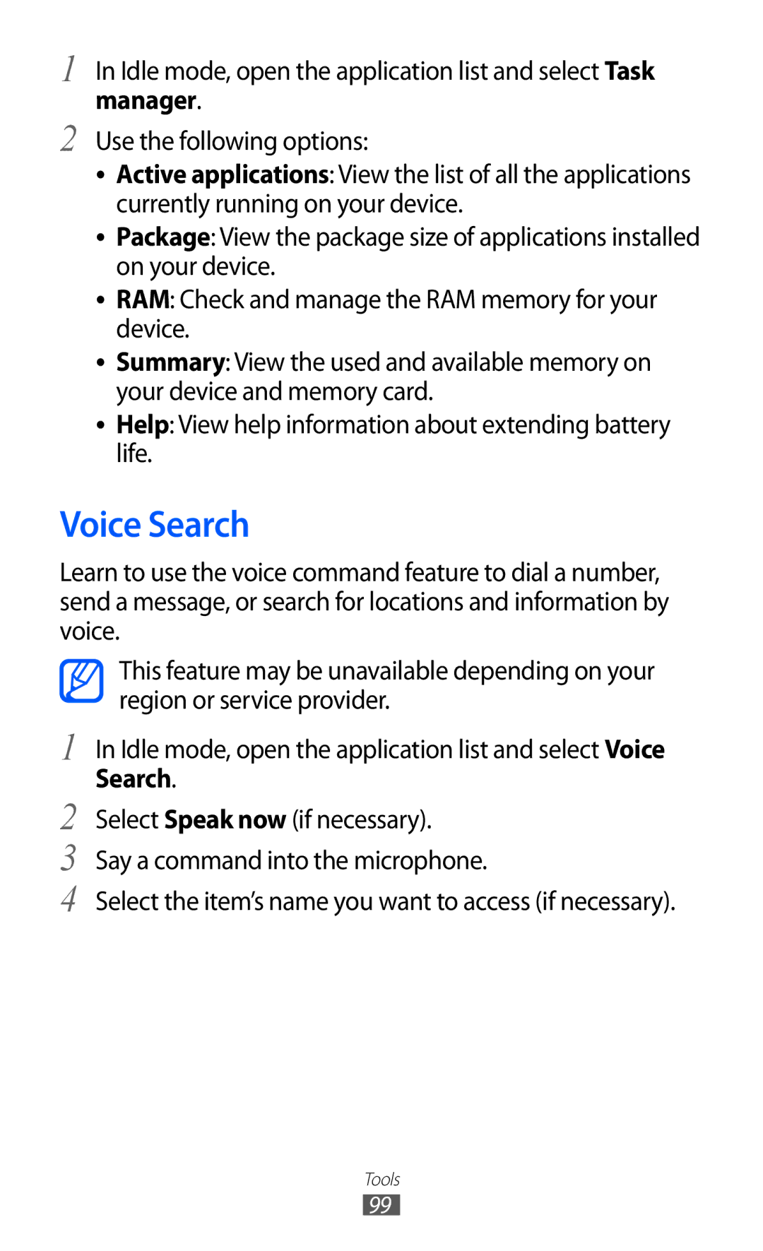 Samsung GT-B7510CWAXEF, GT-B7510LKAXEF, GT-B7510ISAXEF, GT-B7510ISAORC, GT-B7510ISANRJ, GT-B7510CWASFR manual Voice Search 