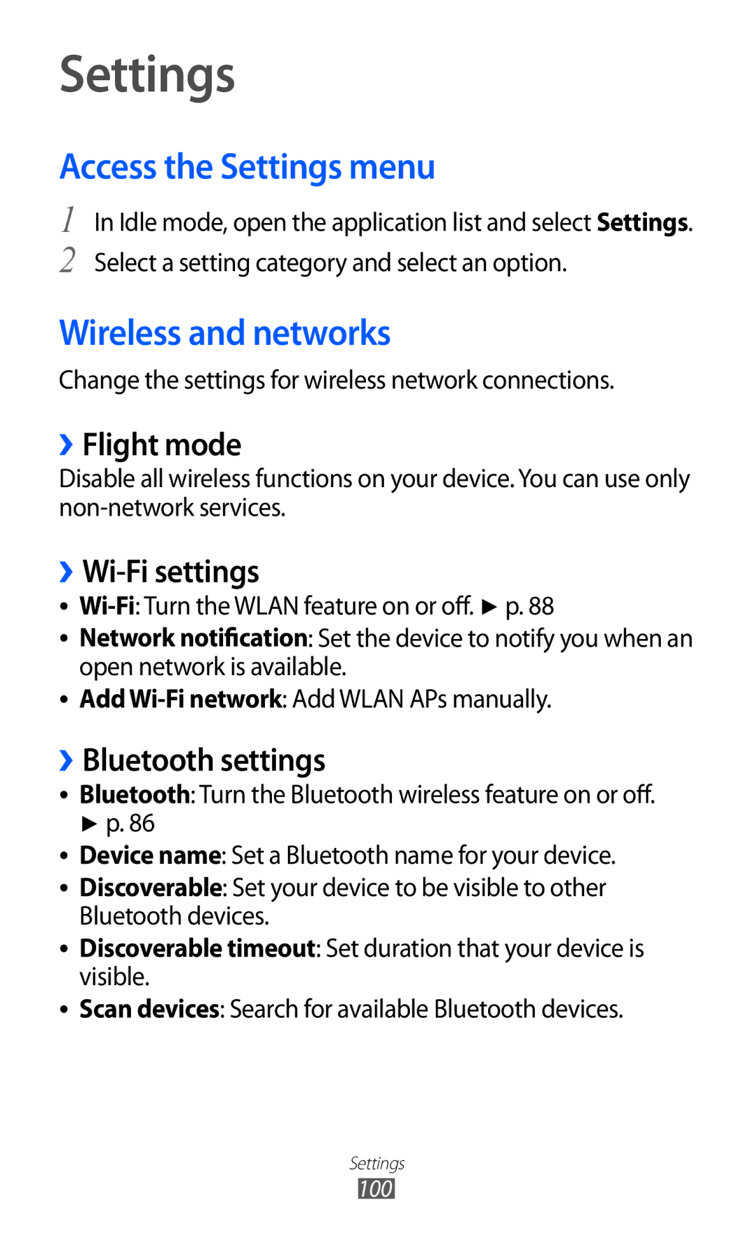 Samsung GT-B7510ISAORC, GT-B7510LKAXEF, GT-B7510ISAXEF, GT-B7510CWAXEF Access the Settings menu, Wireless and networks 