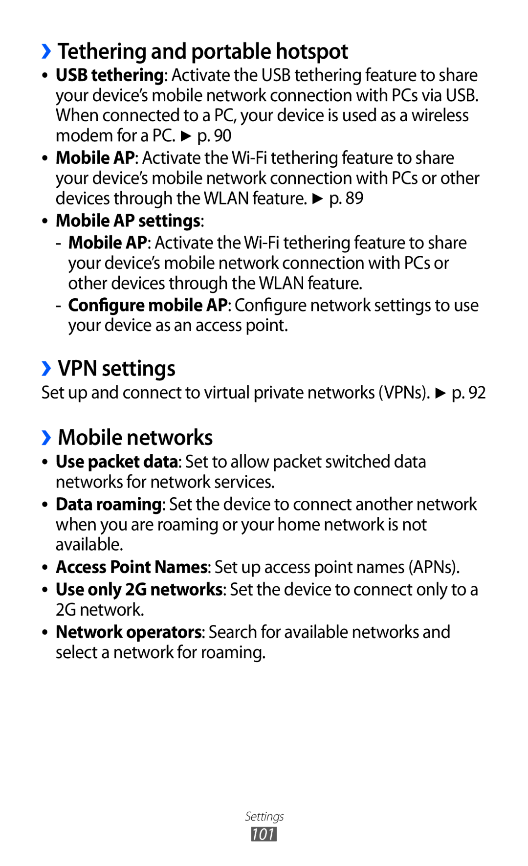 Samsung GT-B7510ISANRJ manual ››Tethering and portable hotspot, ››VPN settings, ››Mobile networks, Mobile AP settings 