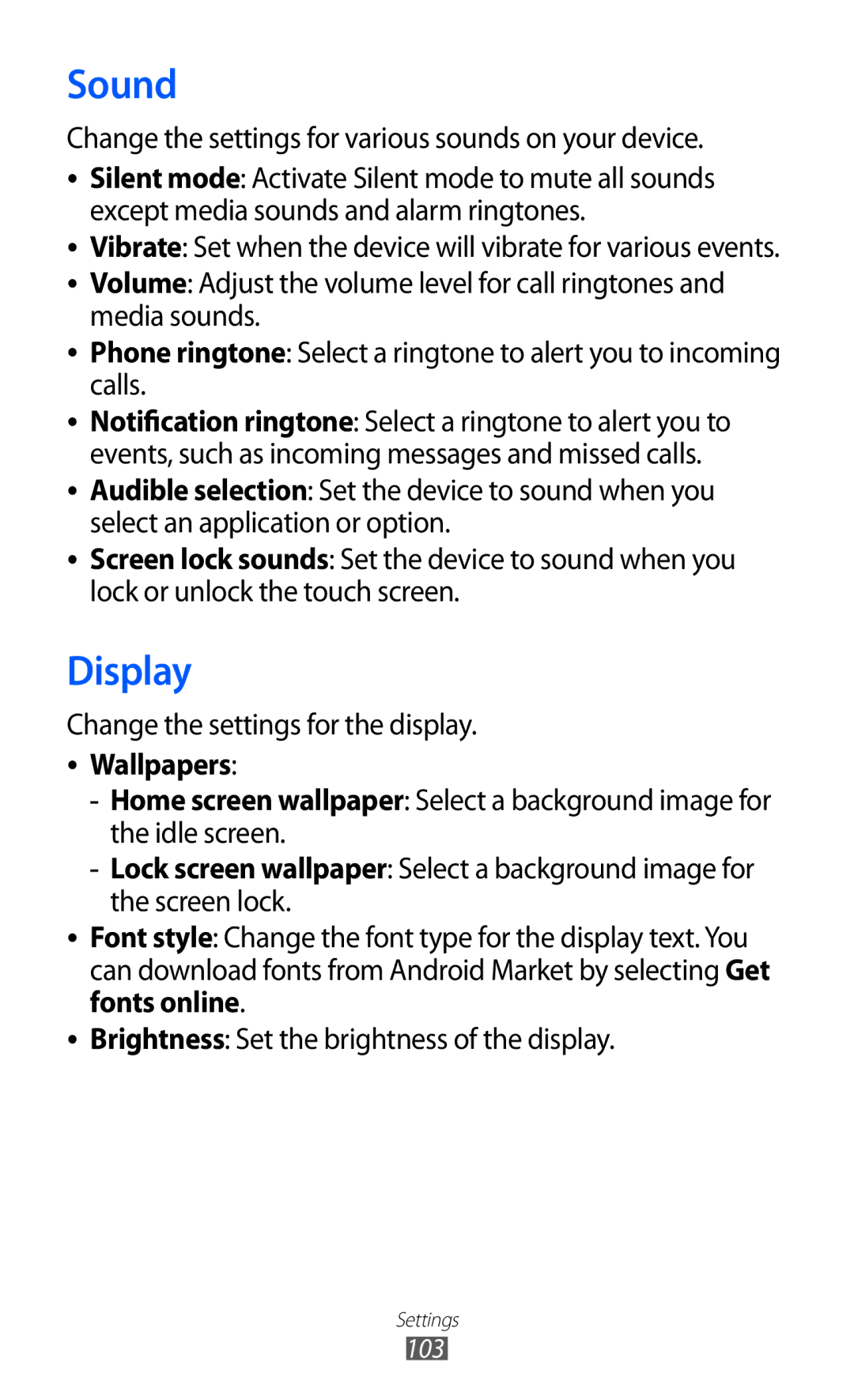 Samsung GT-B7510CWAORC, GT-B7510LKAXEF Sound, Display, Change the settings for various sounds on your device, Wallpapers 