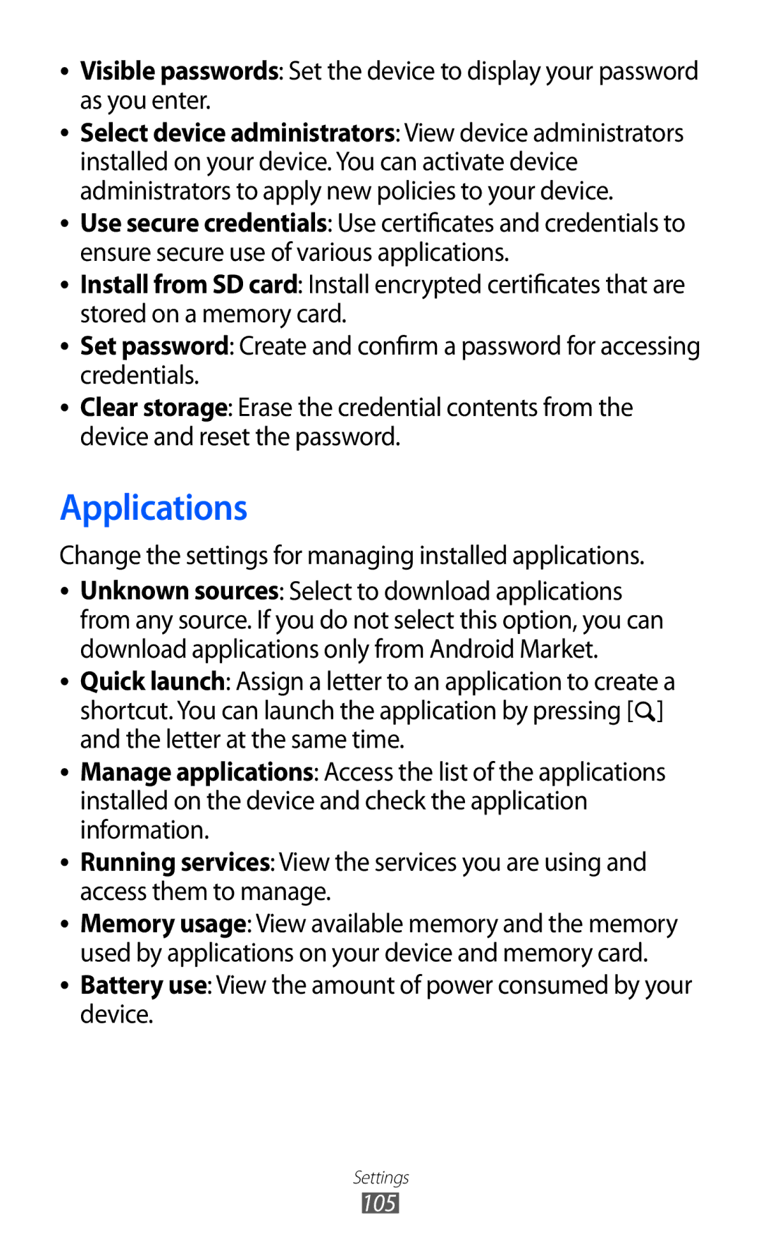 Samsung GT-B7510CWAFOP, GT-B7510LKAXEF manual Applications, Change the settings for managing installed applications 