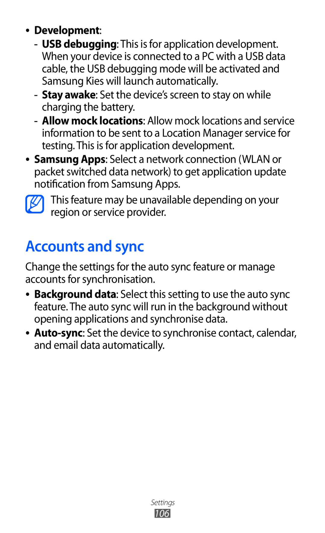 Samsung GT-B7510ISAFOP, GT-B7510LKAXEF, GT-B7510ISAXEF, GT-B7510CWAXEF, GT-B7510ISAORC manual Accounts and sync, Development 