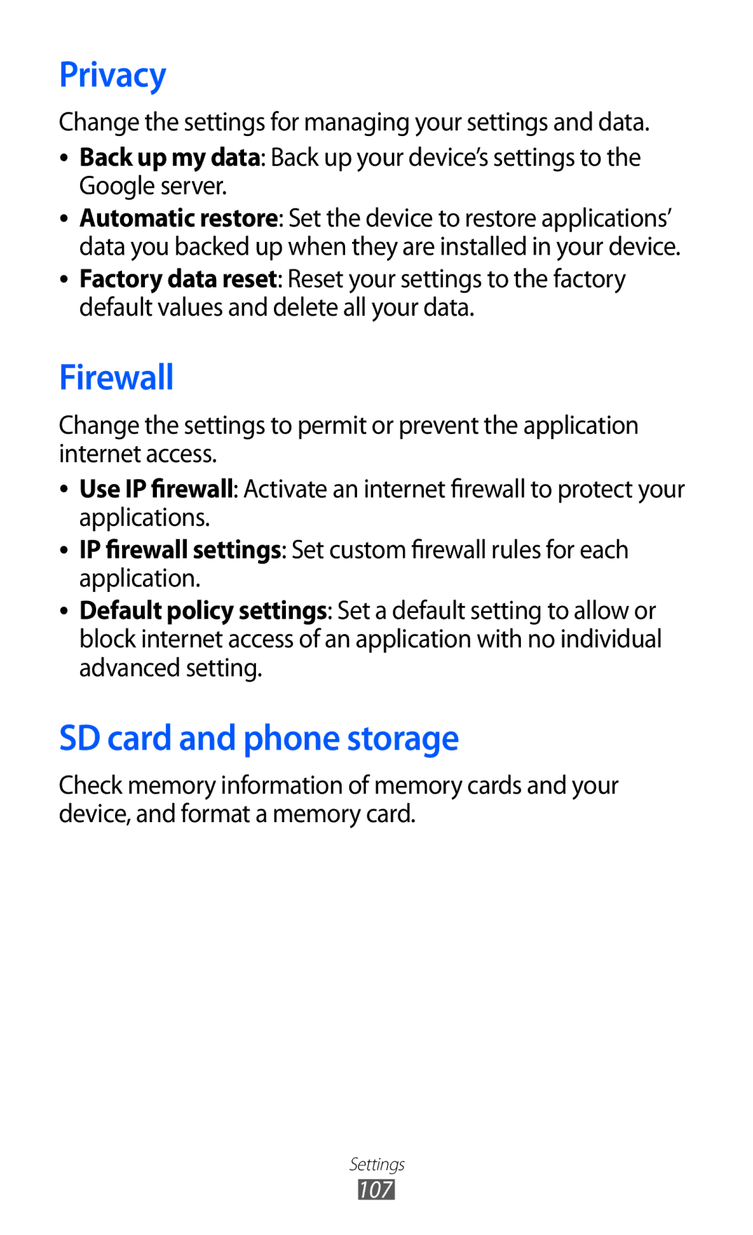 Samsung GT-B7510ISAATL, GT-B7510LKAXEF, GT-B7510ISAXEF, GT-B7510CWAXEF manual Privacy, Firewall, SD card and phone storage 