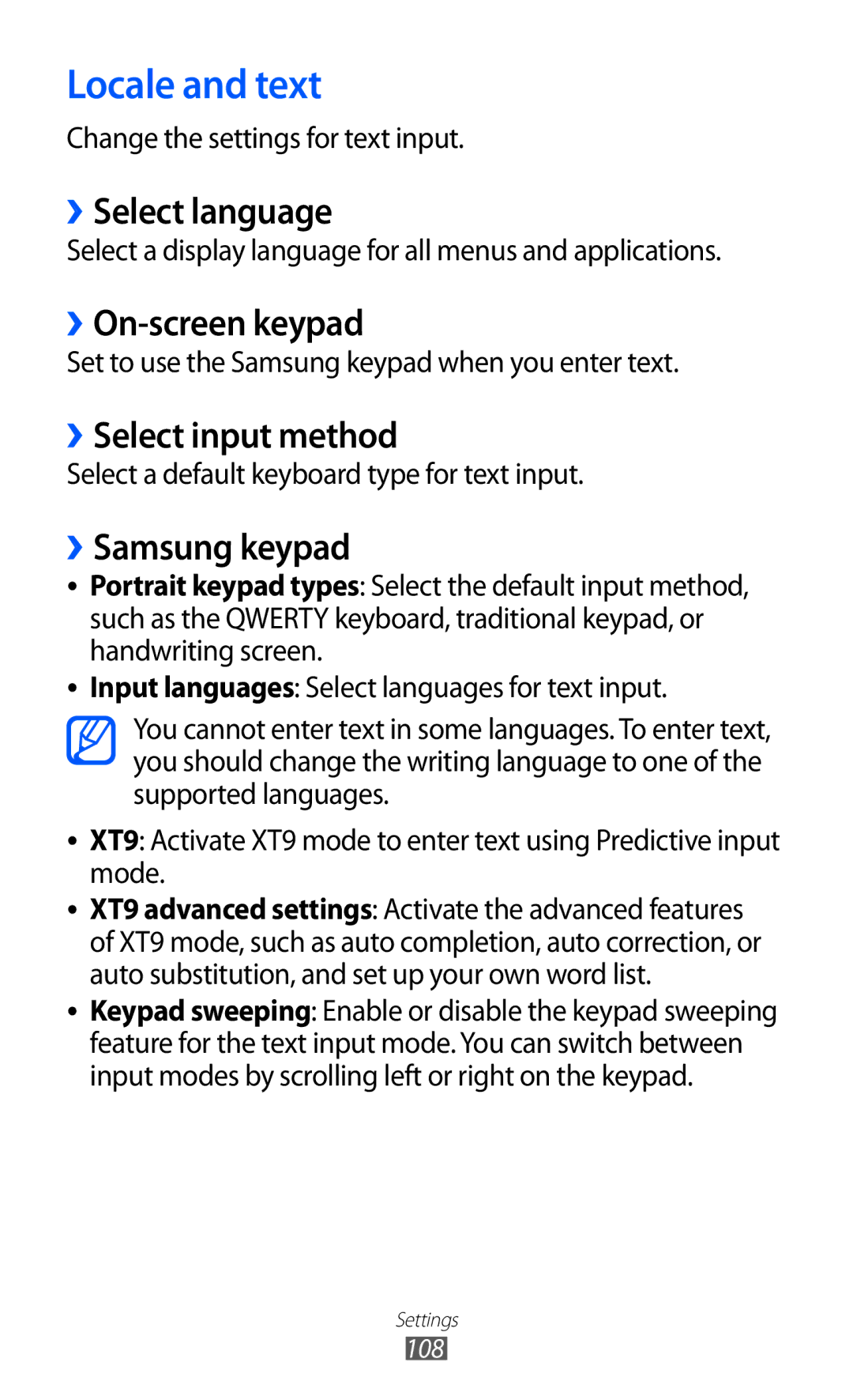 Samsung GT-B7510LKAFOP Locale and text, ››Select language, ››On-screen keypad, ››Select input method, ››Samsung keypad 