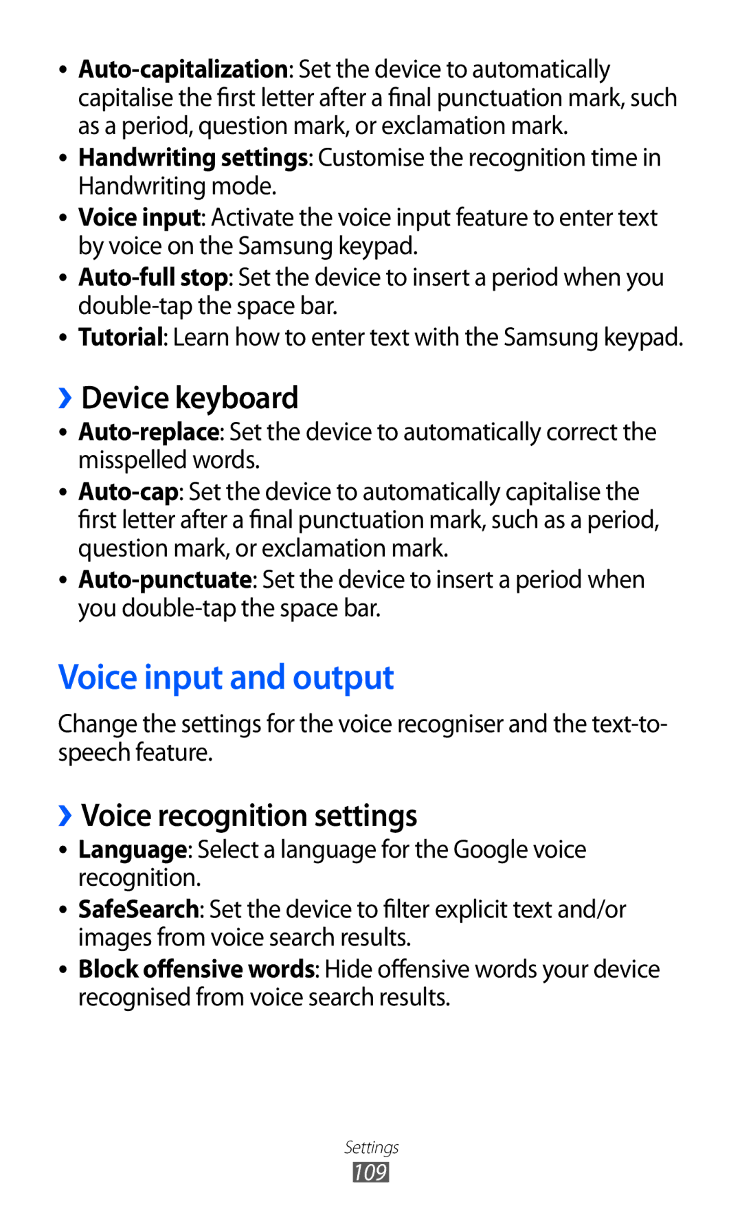 Samsung GT-B7510ISATWO, GT-B7510LKAXEF manual Voice input and output, ››Device keyboard, ››Voice recognition settings 