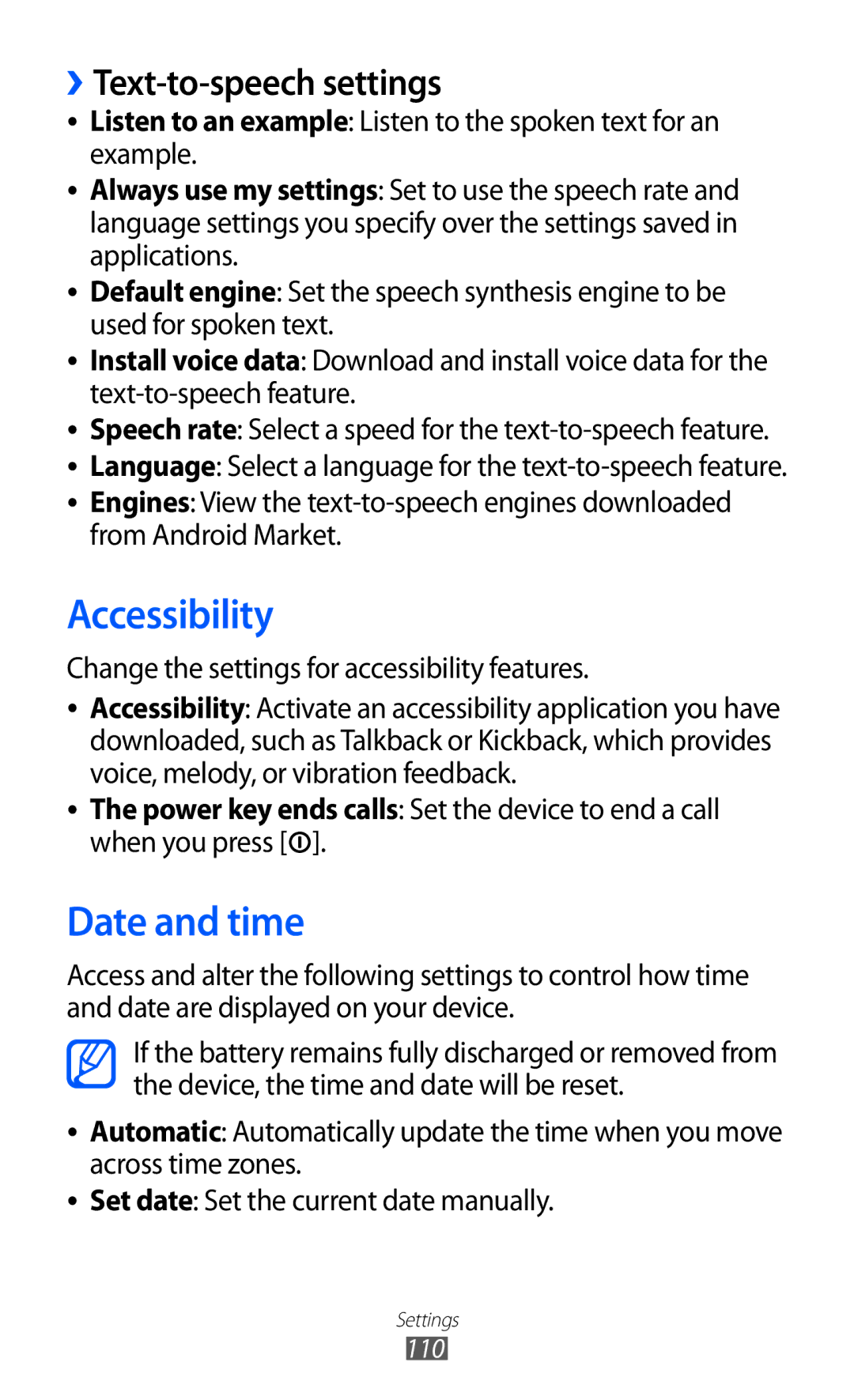 Samsung GT-B7510ISASEB, GT-B7510LKAXEF, GT-B7510ISAXEF manual Accessibility, Date and time, ››Text-to-speech settings 