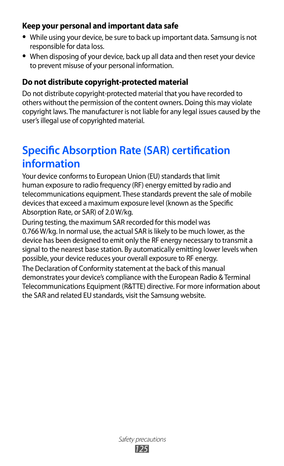 Samsung GT-B7510LKAXEF, GT-B7510ISAXEF, GT-B7510CWAXEF manual Specific Absorption Rate SAR certification information 