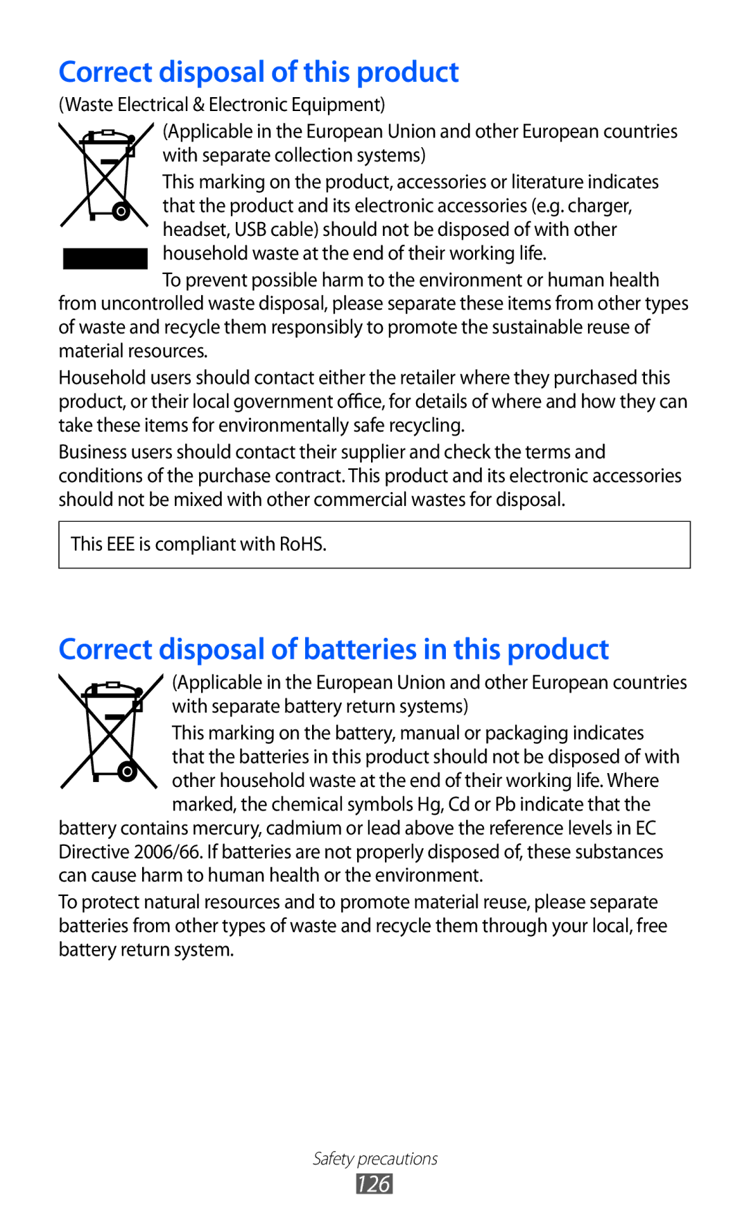 Samsung GT-B7510ISAXEF, GT-B7510LKAXEF, GT-B7510CWAXEF, GT-B7510ISAORC, GT-B7510ISANRJ manual Correct disposal of this product 