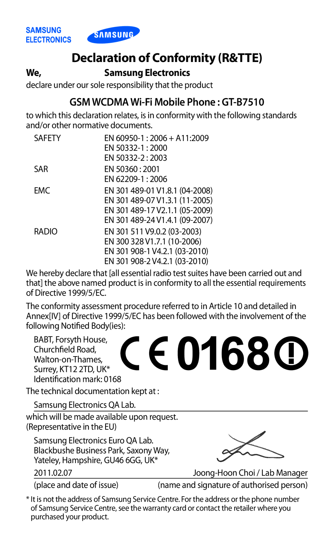 Samsung GT-B7510CWAORC, GT-B7510LKAXEF manual Declaration of Conformity R&TTE, GSM Wcdma Wi-Fi Mobile Phone GT-B7510 