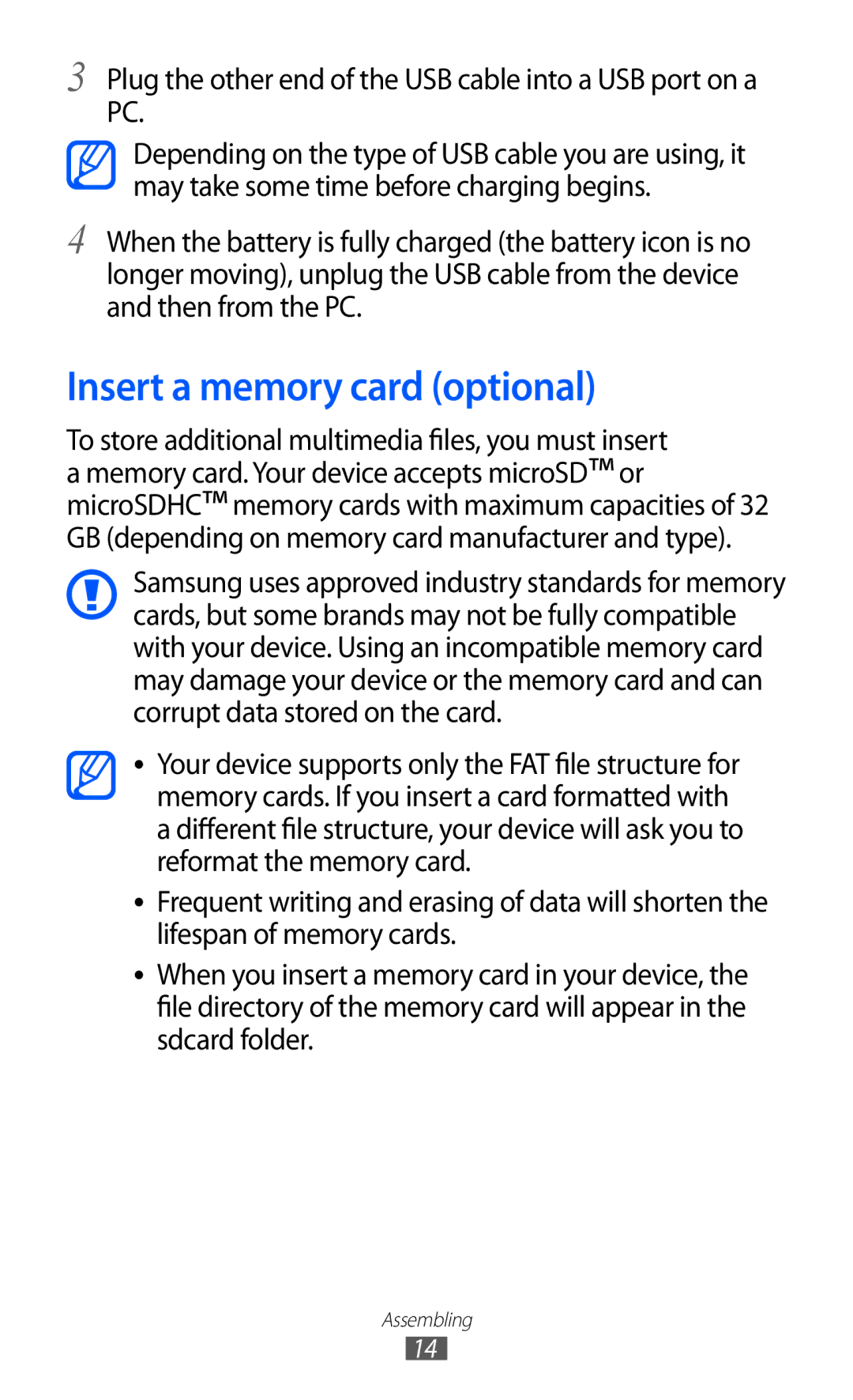 Samsung GT-B7510ISAXEF manual Insert a memory card optional, Plug the other end of the USB cable into a USB port on a PC 