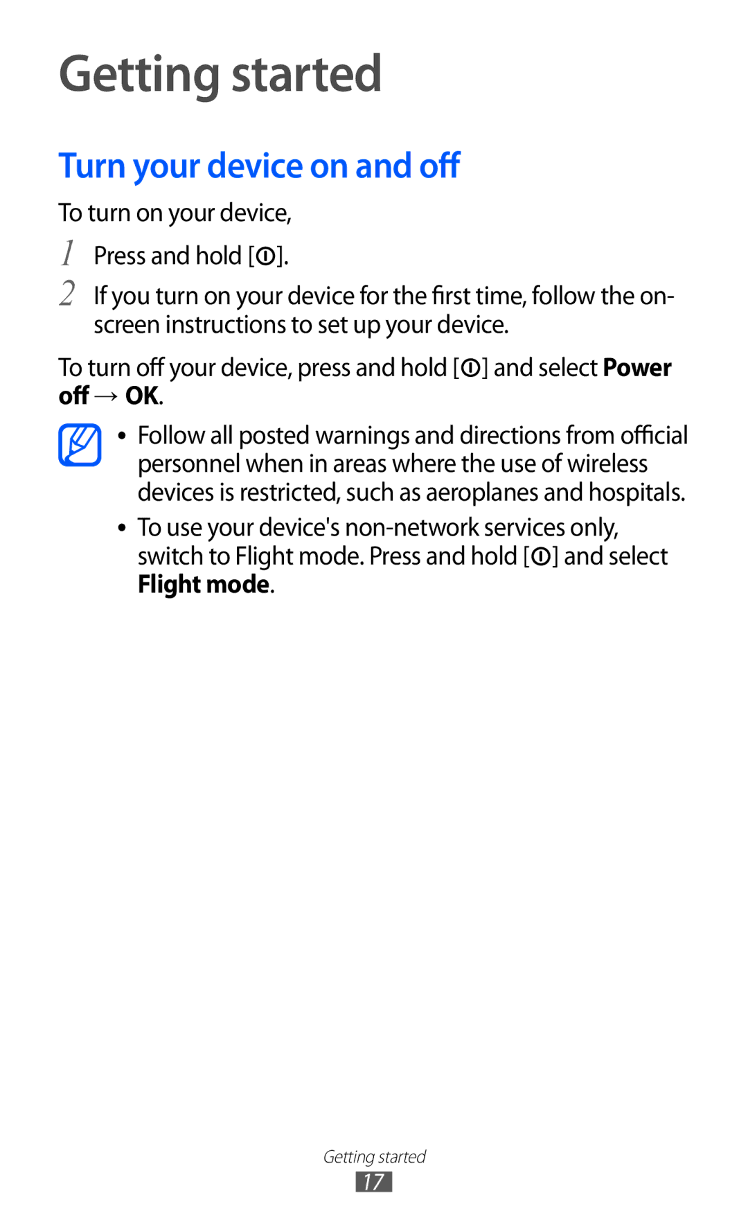 Samsung GT-B7510ISANRJ, GT-B7510LKAXEF, GT-B7510ISAXEF, GT-B7510CWAXEF manual Getting started, Turn your device on and off 