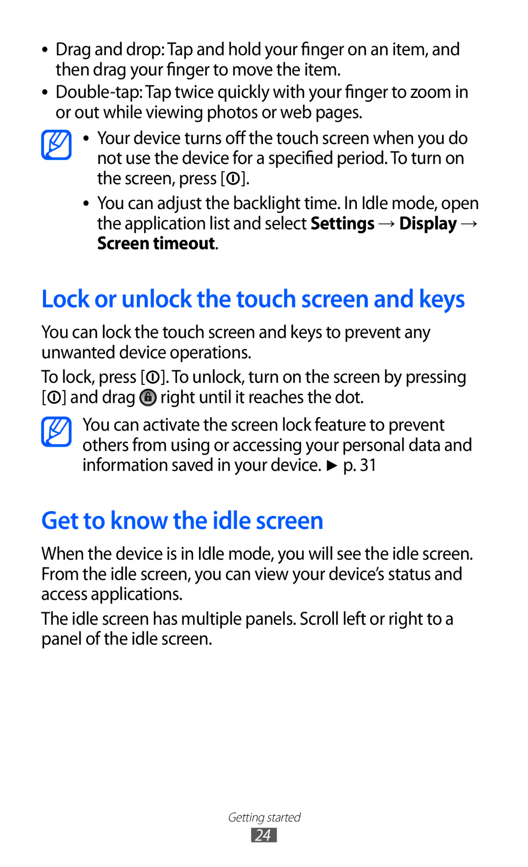 Samsung GT-B7510LKAFOP, GT-B7510LKAXEF manual Get to know the idle screen, Lock or unlock the touch screen and keys 