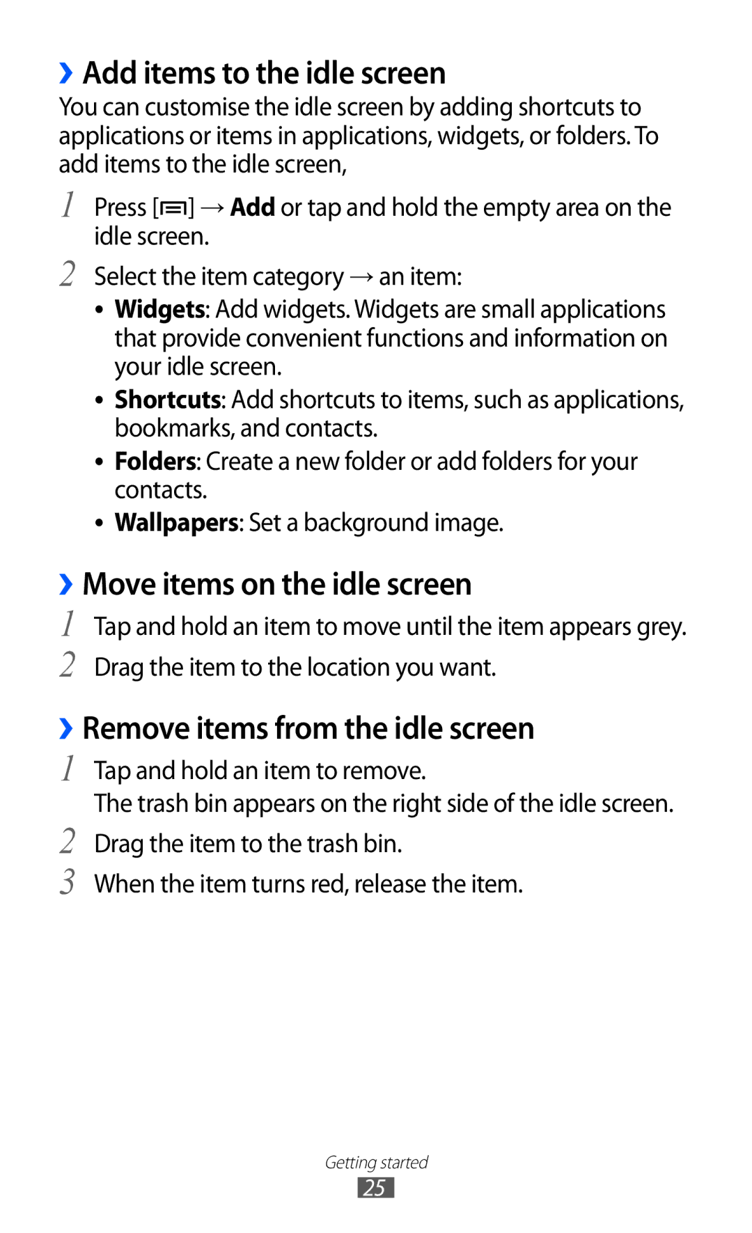Samsung GT-B7510ISATWO, GT-B7510LKAXEF, GT-B7510ISAXEF manual ››Add items to the idle screen, ››Move items on the idle screen 