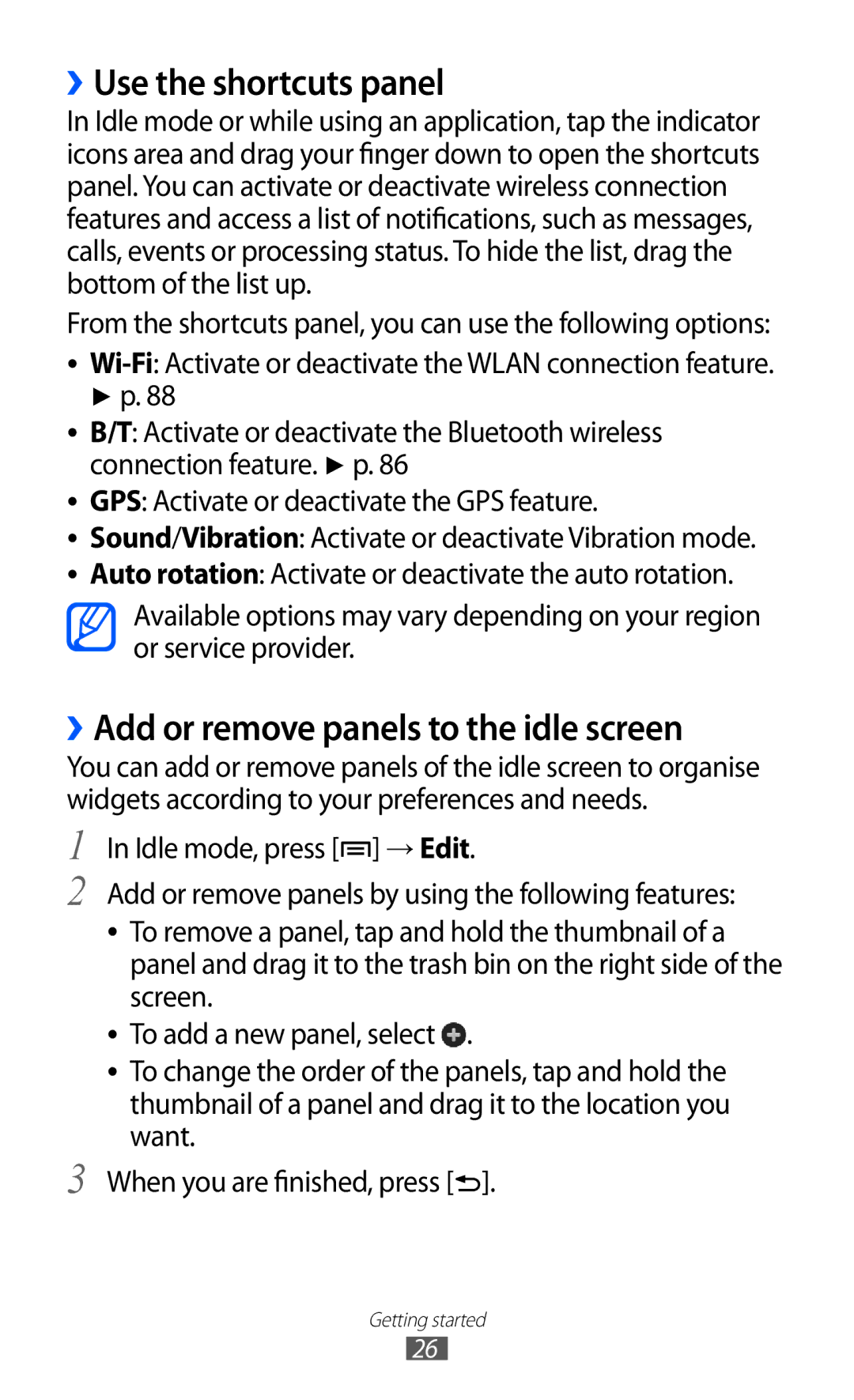 Samsung GT-B7510ISASEB, GT-B7510LKAXEF, GT-B7510ISAXEF ››Use the shortcuts panel, ››Add or remove panels to the idle screen 