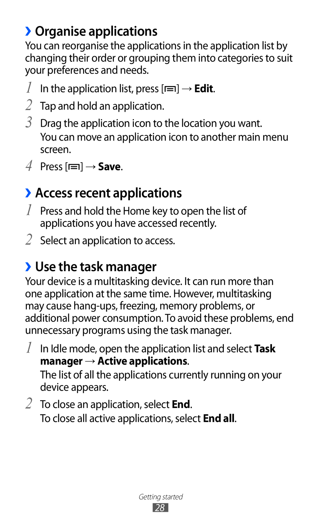 Samsung GT-B7510ISAXEF, GT-B7510LKAXEF manual ››Organise applications, ››Access recent applications, ››Use the task manager 