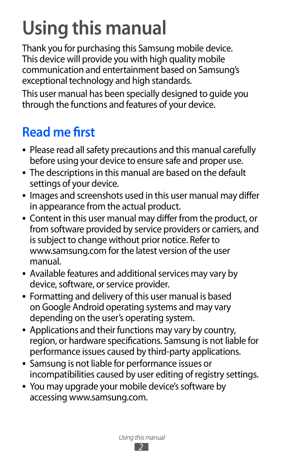 Samsung GT-B7510ISAORC, GT-B7510LKAXEF, GT-B7510ISAXEF, GT-B7510CWAXEF, GT-B7510ISANRJ Using this manual, Read me first 