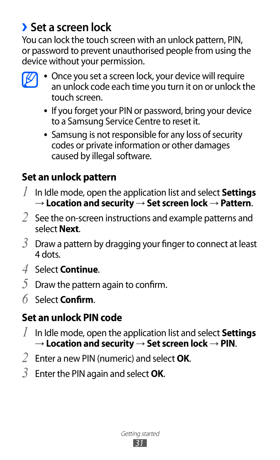 Samsung GT-B7510ISANRJ, GT-B7510LKAXEF manual ››Set a screen lock, → Location and security → Set screen lock → Pattern 