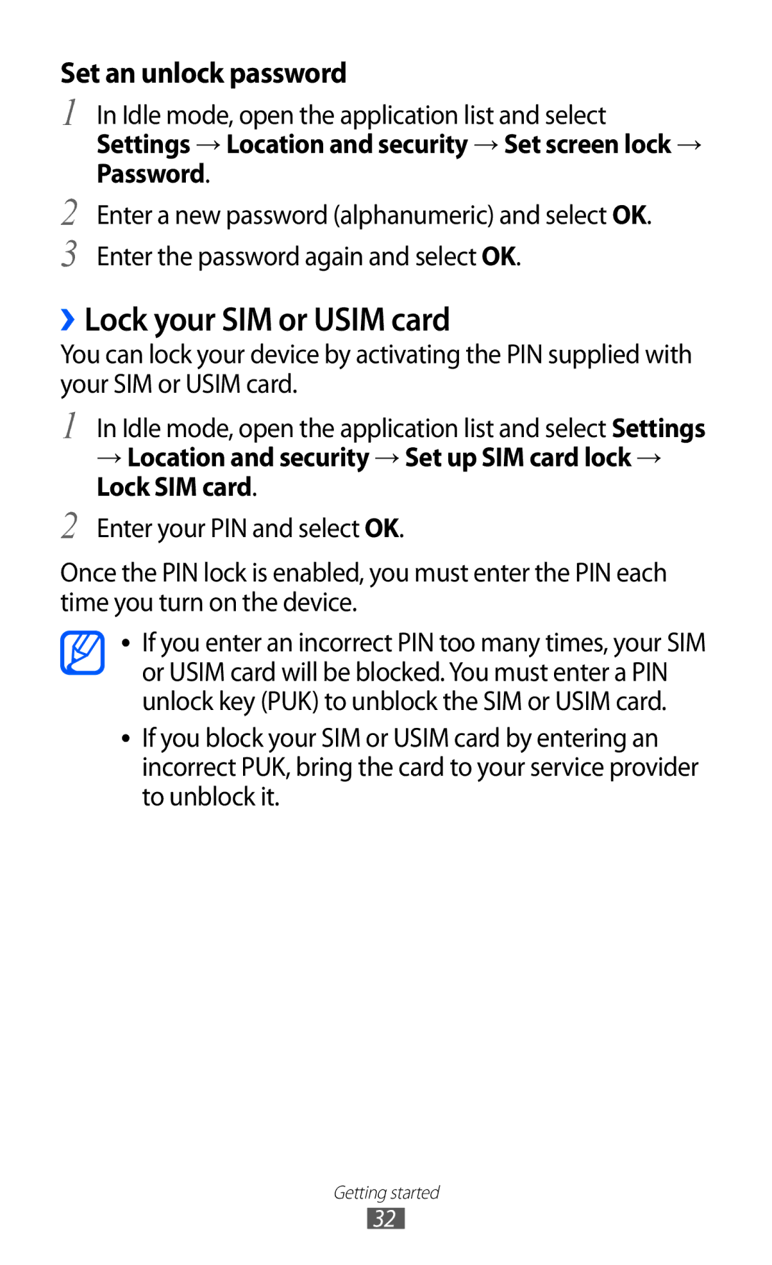 Samsung GT-B7510CWASFR, GT-B7510LKAXEF manual ››Lock your SIM or Usim card, Idle mode, open the application list and select 