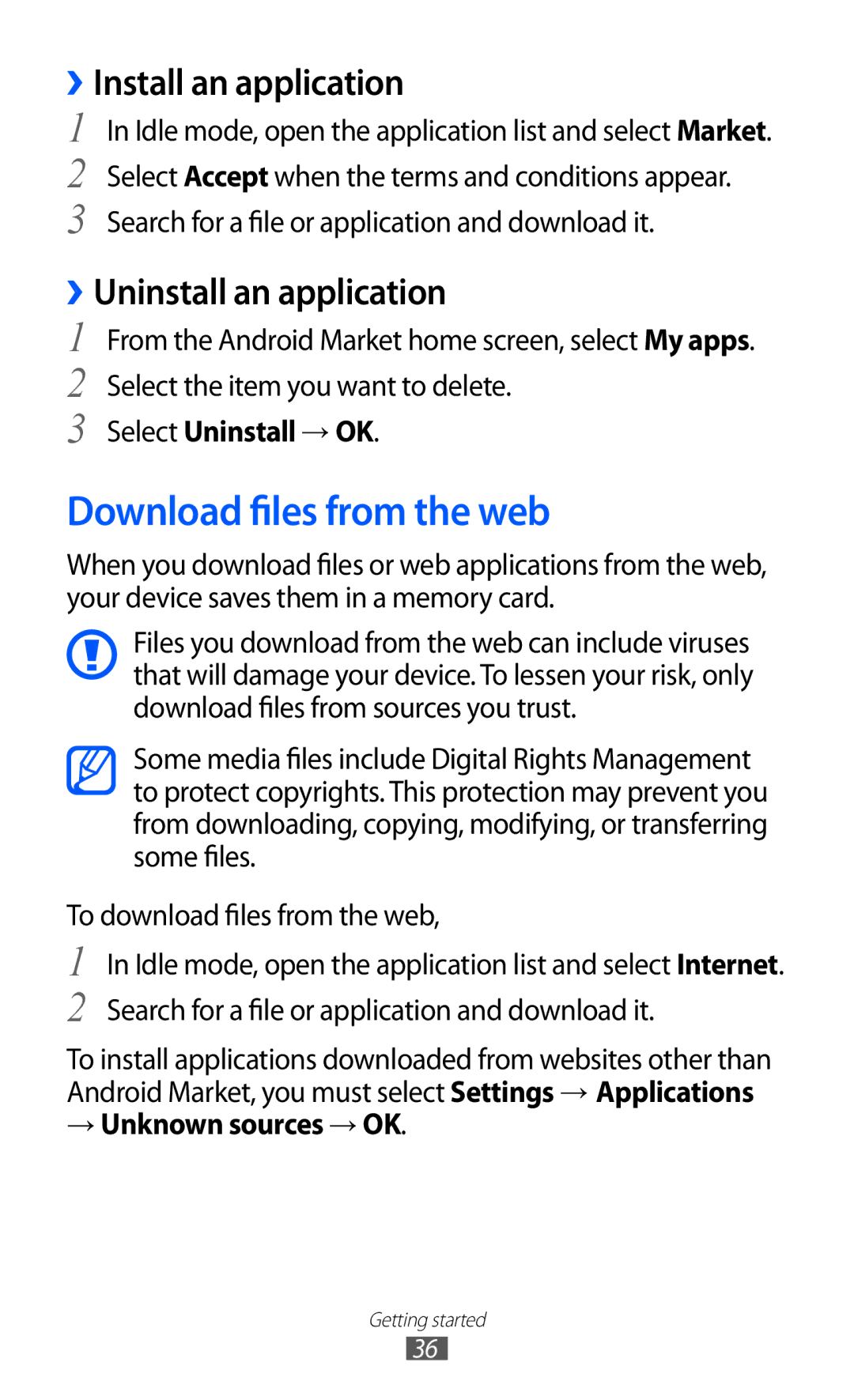 Samsung GT-B7510ISAFOP, GT-B7510LKAXEF Download files from the web, ››Install an application, ››Uninstall an application 