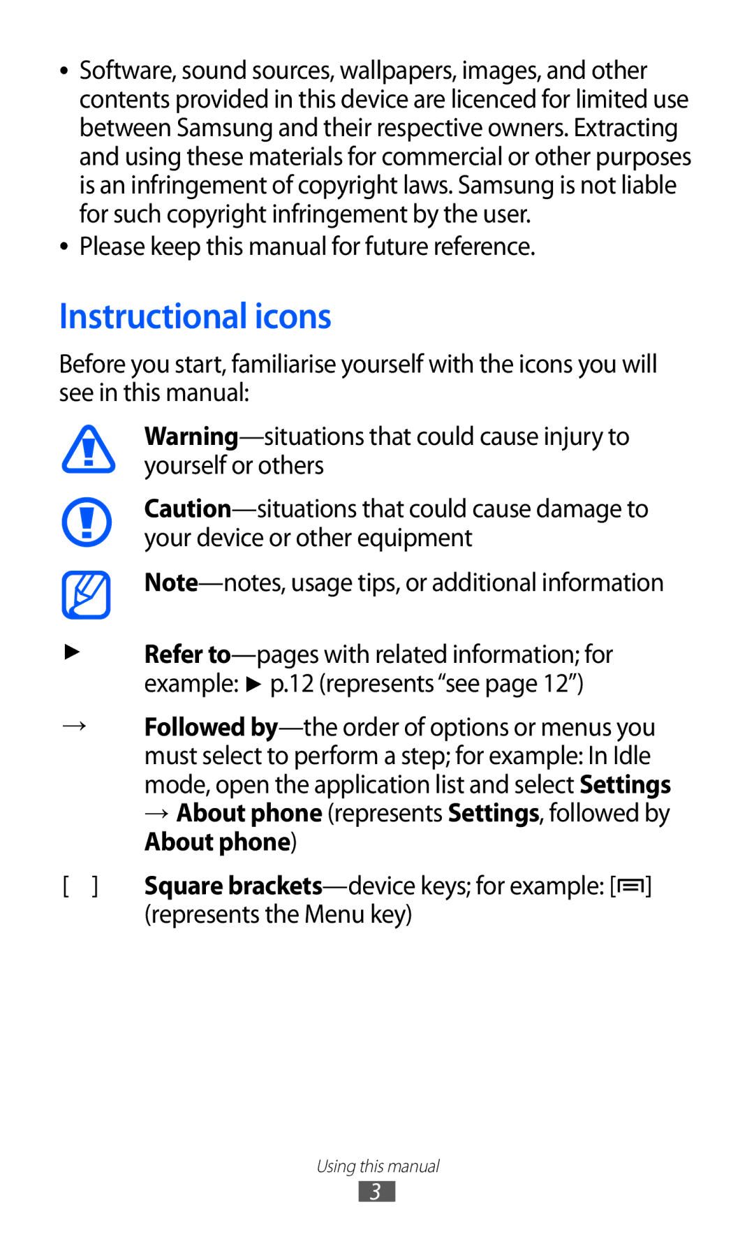 Samsung GT-B7510ISANRJ Instructional icons, Please keep this manual for future reference, Represents the Menu key 