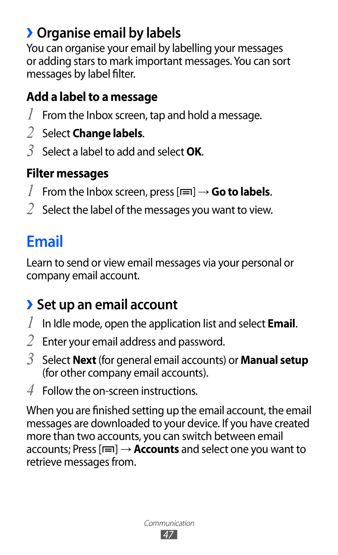 Samsung GT-B7510CWAORC, GT-B7510LKAXEF manual ››Organise email by labels, ››Set up an email account, Select Change labels 