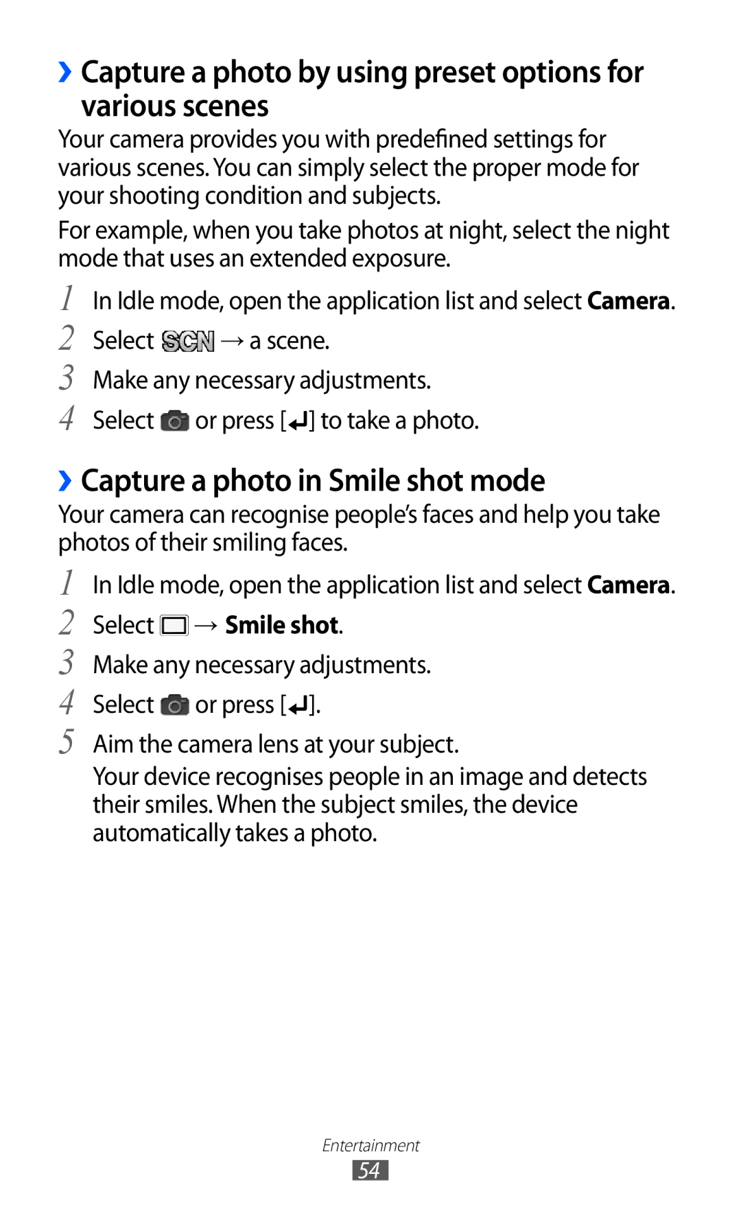 Samsung GT-B7510ISASEB, GT-B7510LKAXEF, GT-B7510ISAXEF manual ››Capture a photo in Smile shot mode, Select → Smile shot 