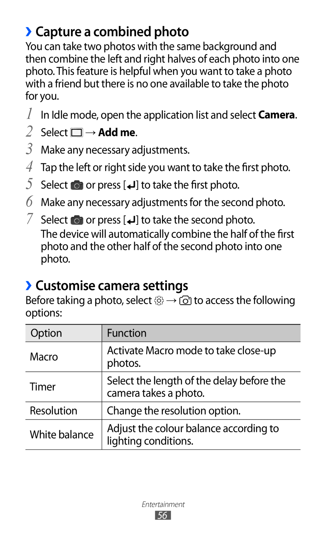 Samsung GT-B7510ISAXEF, GT-B7510LKAXEF manual ››Capture a combined photo, ››Customise camera settings, Camera takes a photo 