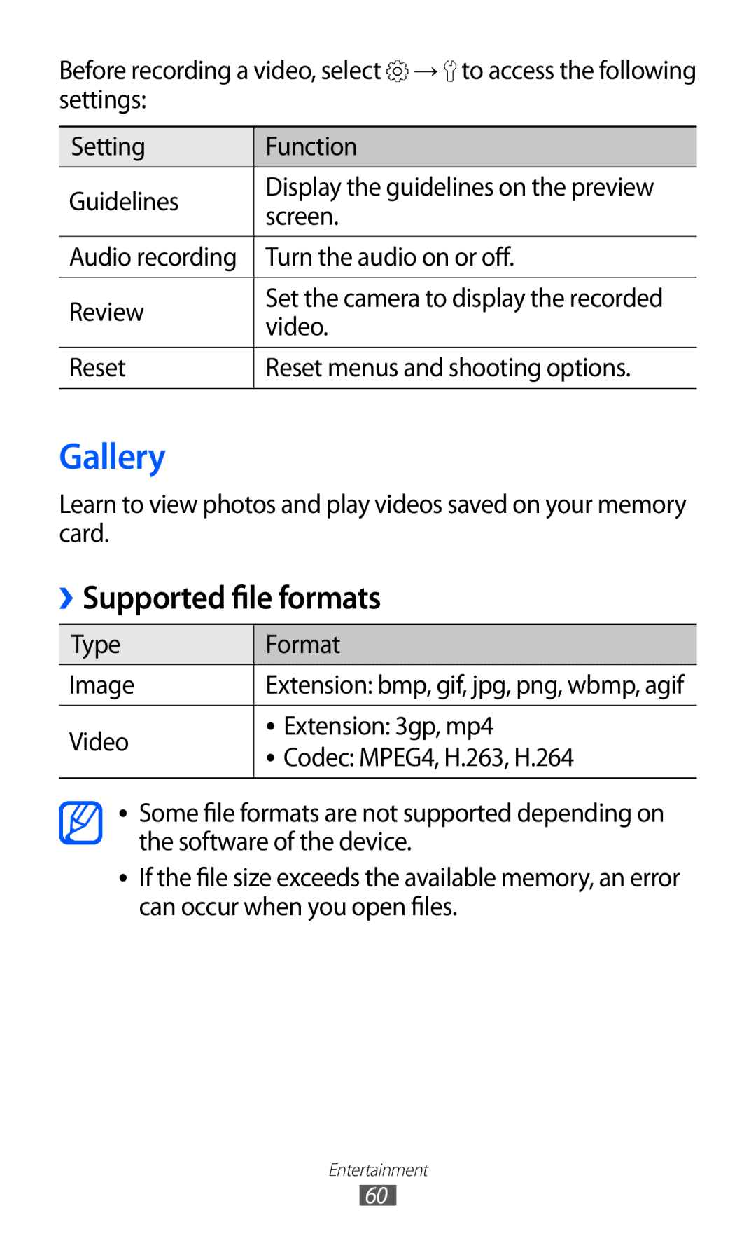 Samsung GT-B7510CWASFR, GT-B7510LKAXEF, GT-B7510ISAXEF manual Gallery, Supported file formats, Video, Type Format Image 