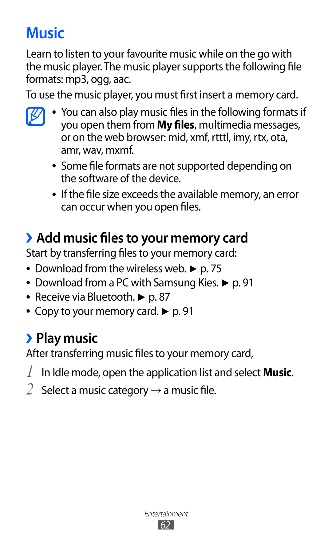 Samsung GT-B7510ISASFR, GT-B7510LKAXEF, GT-B7510ISAXEF manual Music, ››Add music files to your memory card, ››Play music 