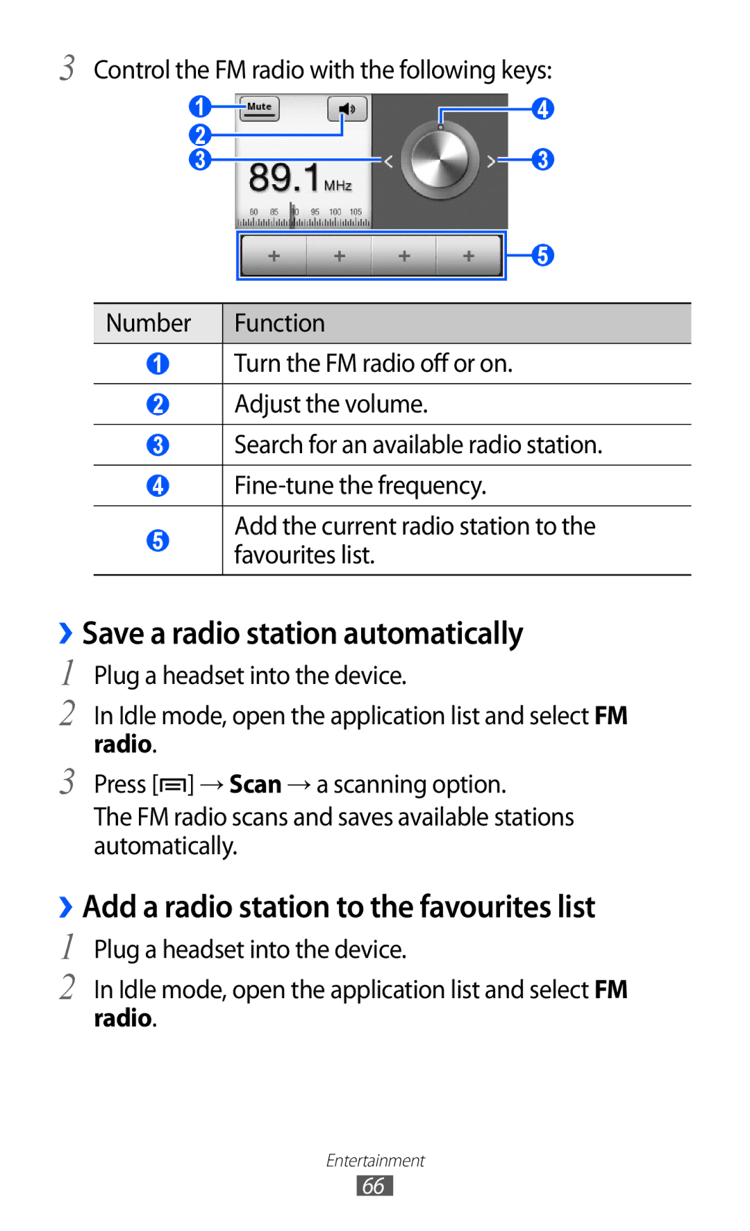 Samsung GT-B7510LKAFOP manual ››Save a radio station automatically, ››Add a radio station to the favourites list, Radio 