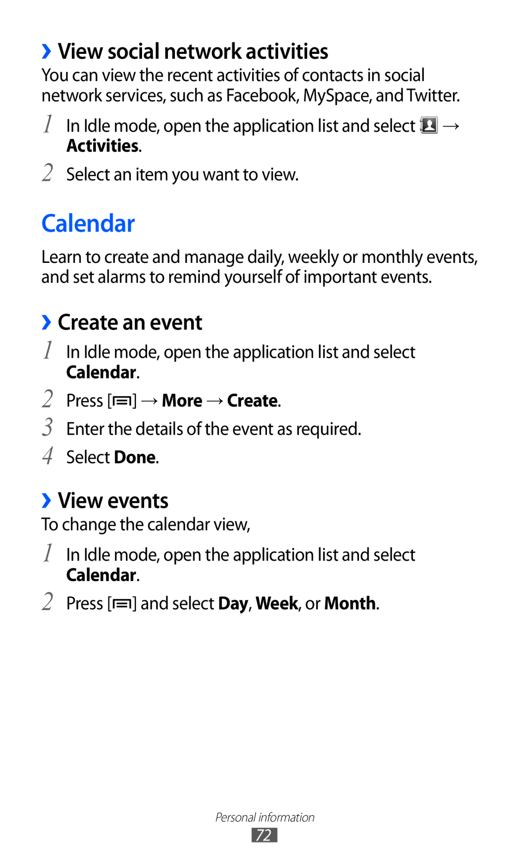 Samsung GT-B7510ISAORC, GT-B7510LKAXEF manual Calendar, ››View social network activities, ››Create an event, ››View events 