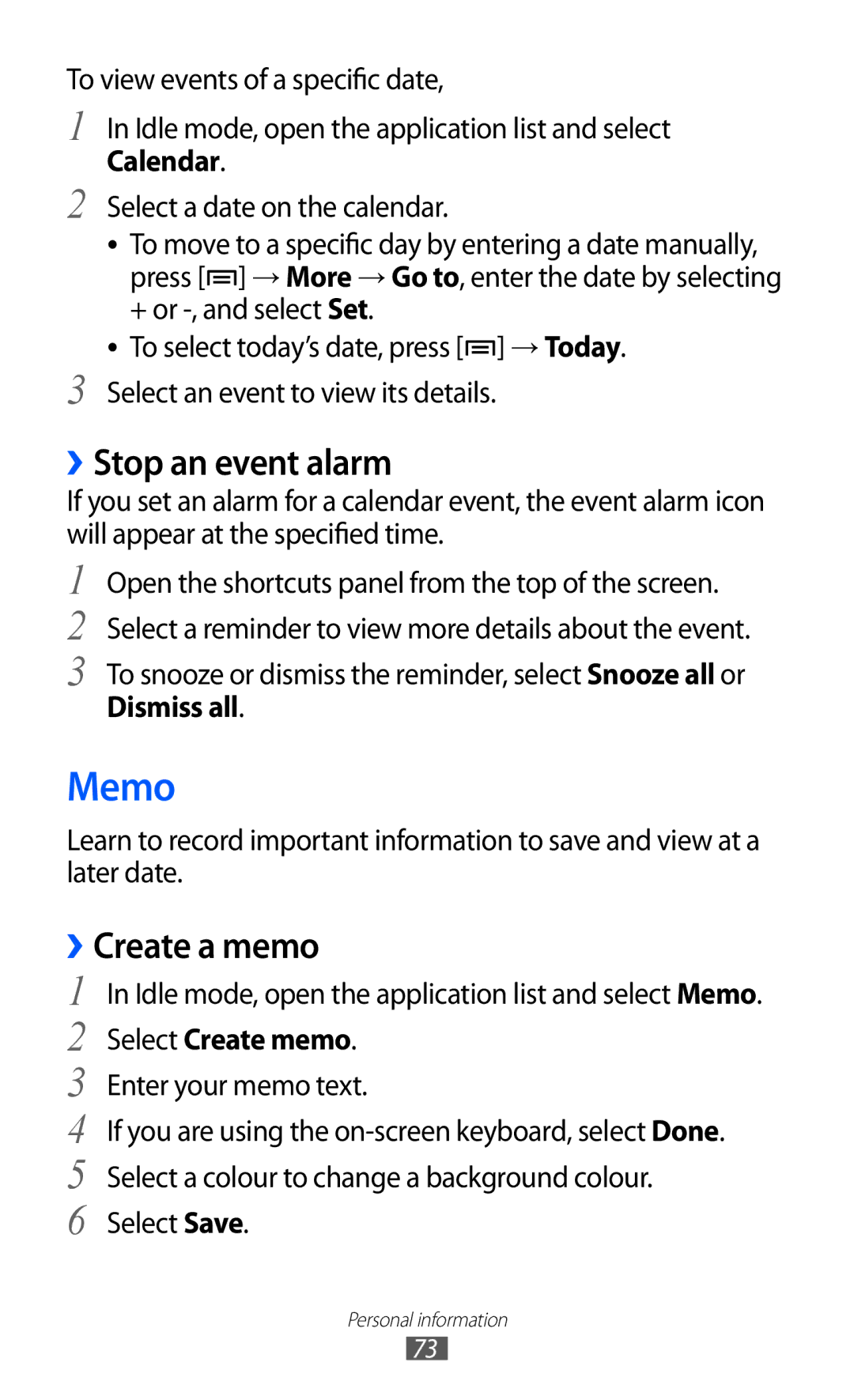 Samsung GT-B7510ISANRJ, GT-B7510LKAXEF manual Memo, ››Stop an event alarm, ››Create a memo, Dismiss all, Select Create memo 