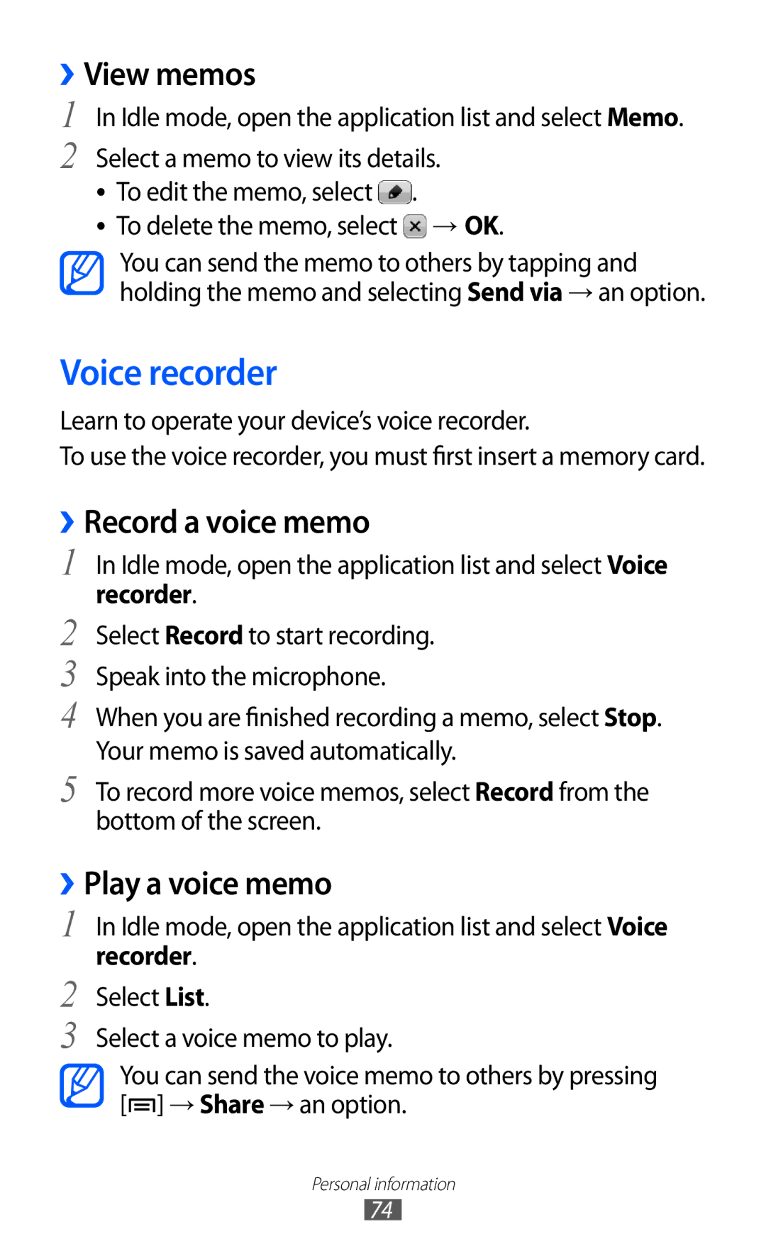 Samsung GT-B7510CWASFR, GT-B7510LKAXEF Voice recorder, ››View memos, ››Record a voice memo, ››Play a voice memo, Recorder 