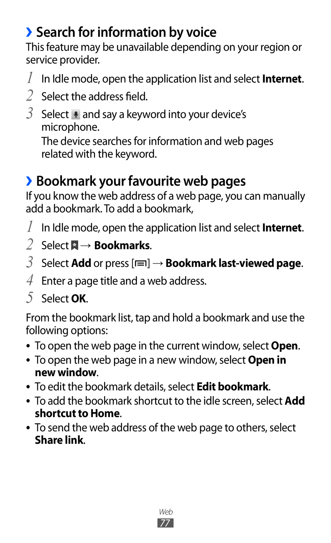 Samsung GT-B7510CWAFOP manual ››Search for information by voice, ››Bookmark your favourite web pages, Select → Bookmarks 