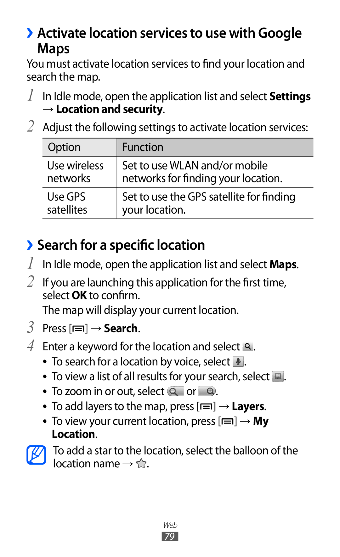 Samsung GT-B7510ISAATL manual Maps, ››Search for a specific location, → Location and security, Satellites Your location 