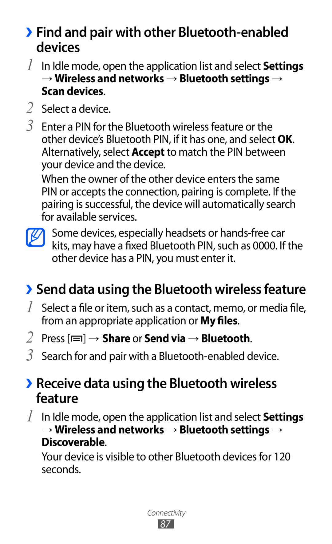 Samsung GT-B7510ISANRJ manual ››Find and pair with other Bluetooth-enabled devices, Press → Share or Send via → Bluetooth 