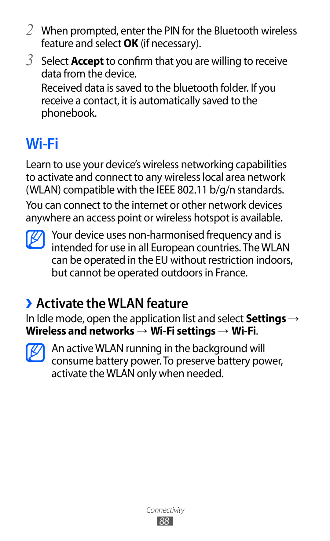 Samsung GT-B7510CWASFR, GT-B7510LKAXEF, GT-B7510ISAXEF, GT-B7510CWAXEF, GT-B7510ISAORC Wi-Fi, ››Activate the Wlan feature 