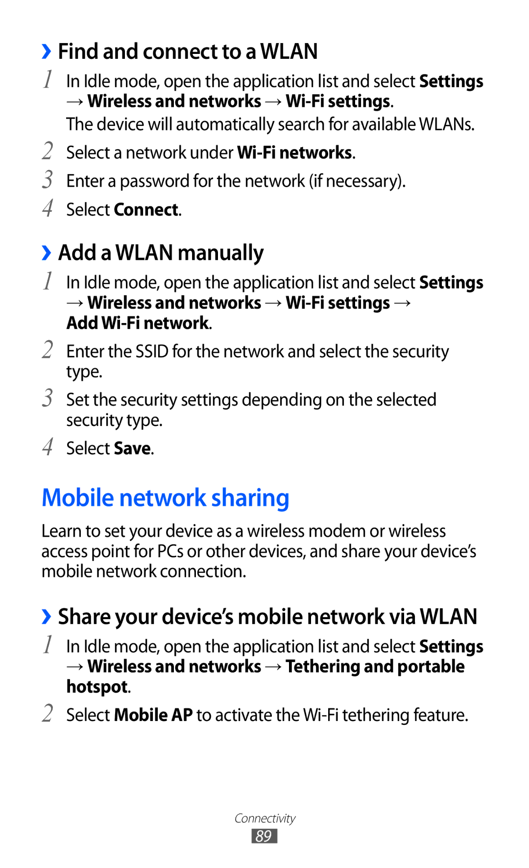 Samsung GT-B7510CWAORC, GT-B7510LKAXEF Mobile network sharing, ››Find and connect to a Wlan, ››Add a Wlan manually 