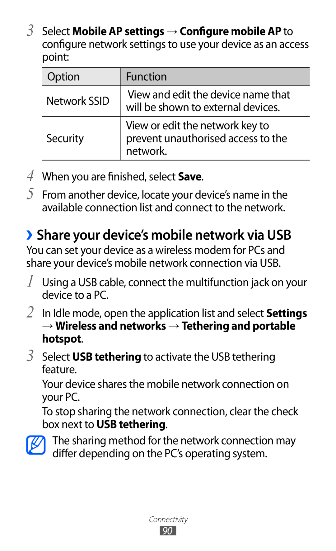 Samsung GT-B7510ISASFR ››Share your device’s mobile network via USB, Select Mobile AP settings → Configure mobile AP to 